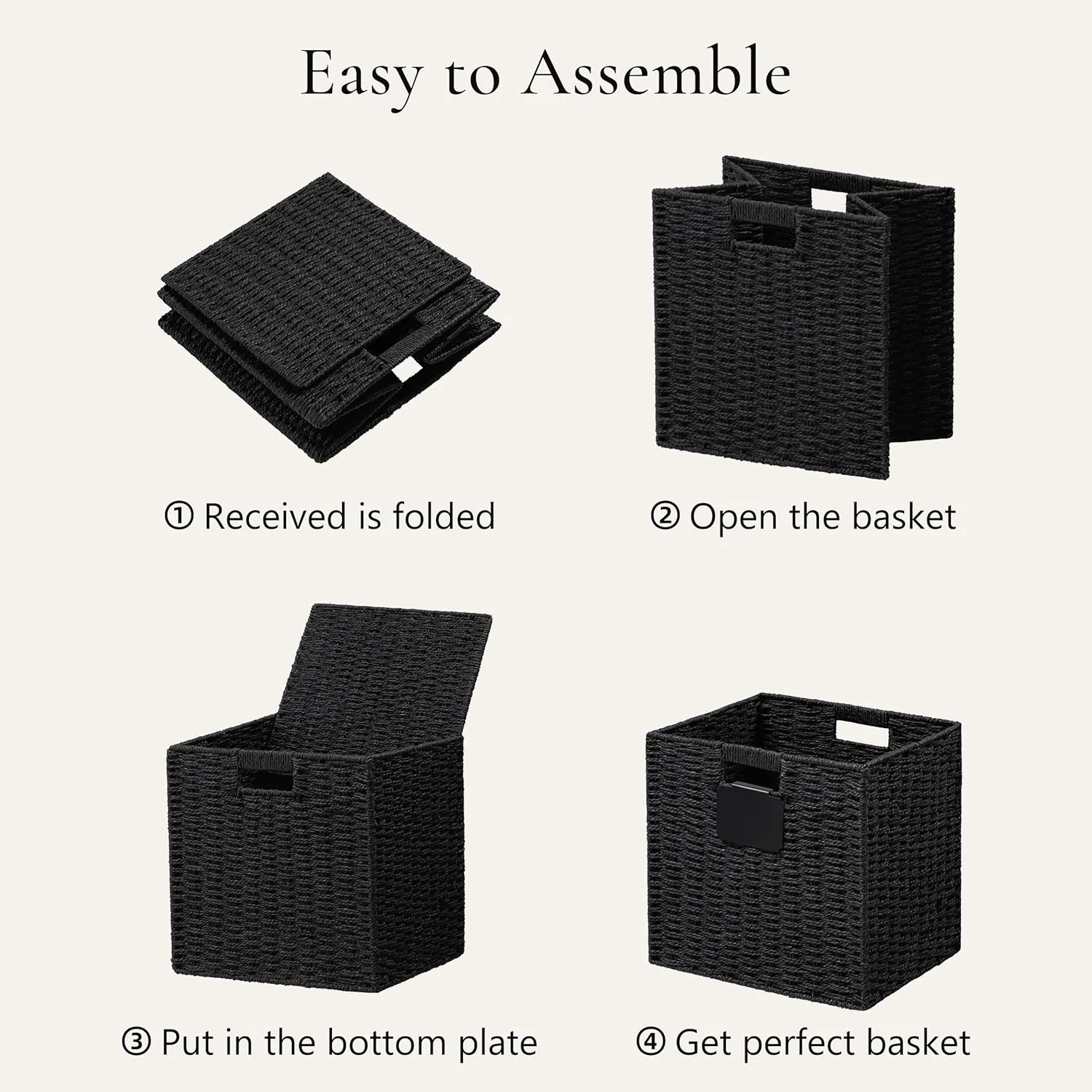 UBBCARE 2 Pack Wicker Basket, 13×13 Storage Cubes with Label, Foldable Cube Storage Bin with Handle, Square Storage Basket for Shelves, Woven Paper Rope Basket for Organizing, Black