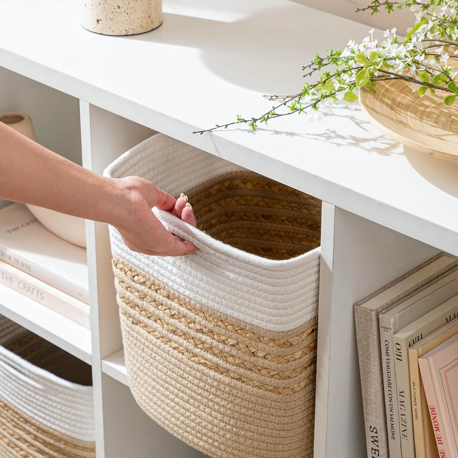 UBBCARE Set of 2 Storage Cubes 11 X 11 X 11 in, Water Hyacinth Storage Bins for shelves, Toys, Book, Storage Baskets with Handles, Cotton Rope Woven Baskets for Organizing, Brown