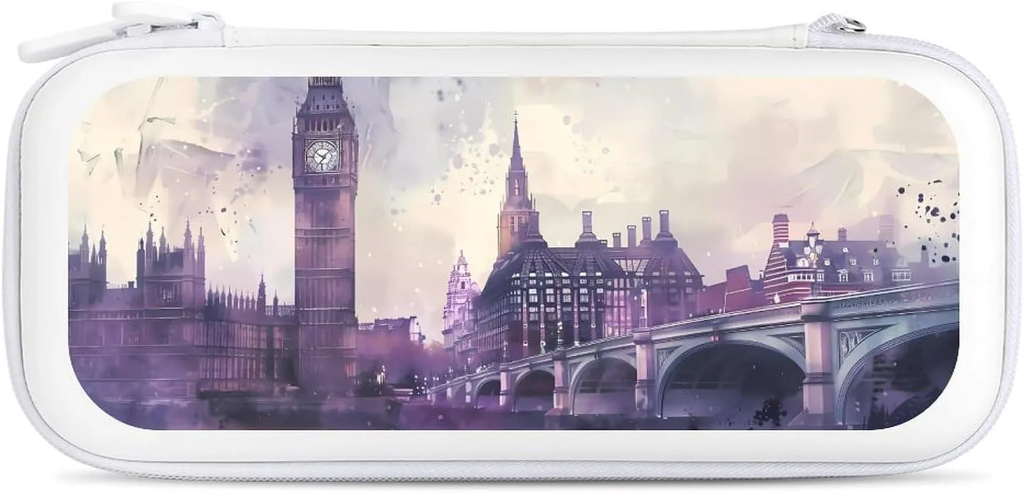 UK Big Ben London Bridge Watercolor Hard Shell Travel Case with Rope 15 Game Card Pockets Compatible with Switch Protective