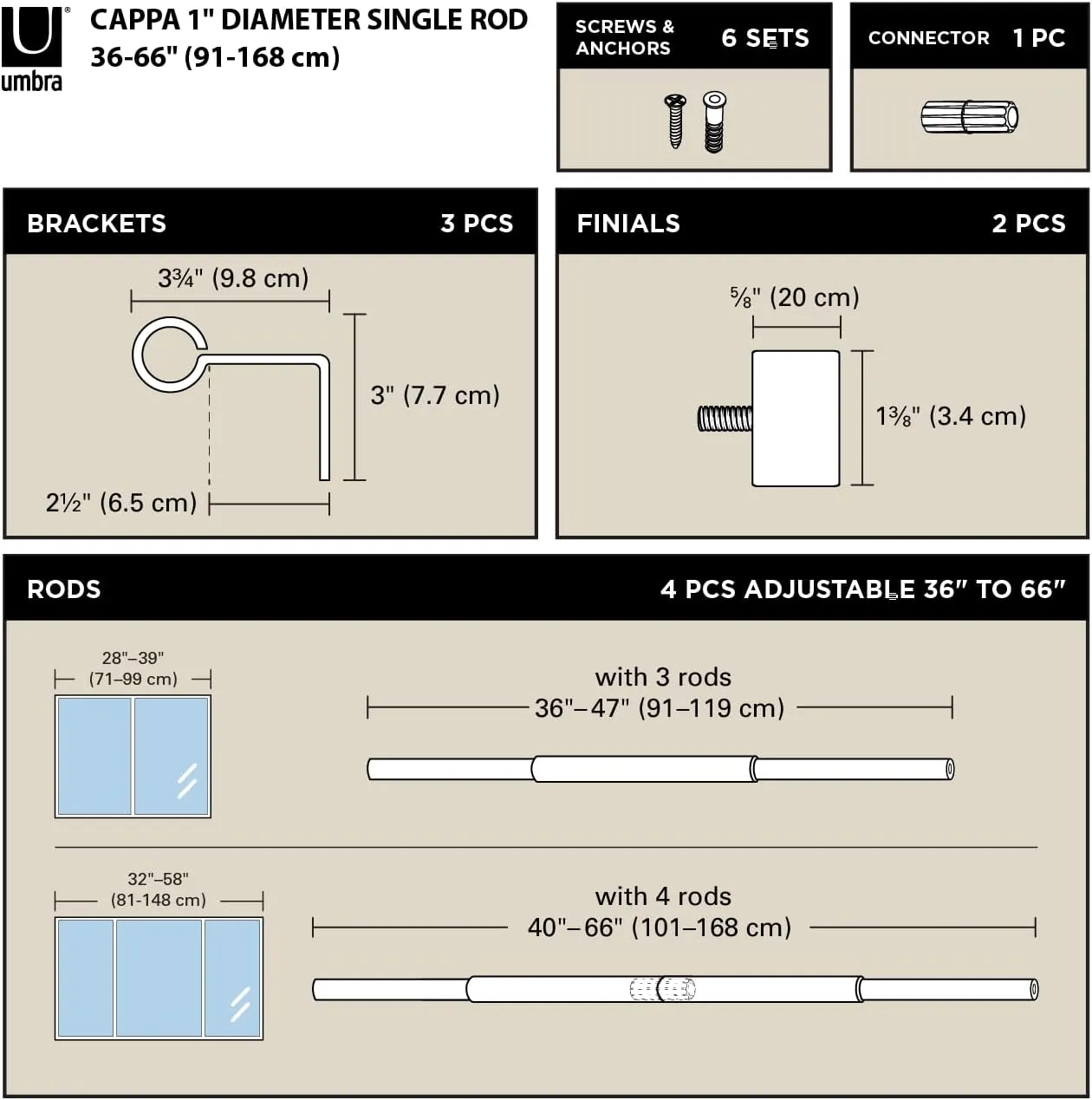Umbra Cappa Modern 1" Curtain Rod, Includes 2 Matching Finials, Brackets & Hardware, Black