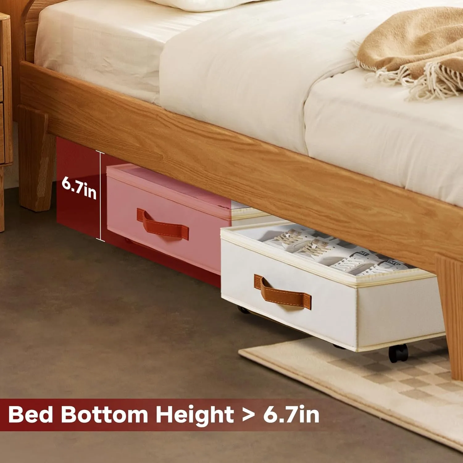 Under Bed Storage with Wheels Set of 2, Underbed Storage Container with Clear Lid Cover, 6.7 Inches Height Rolling Under Bed Drawer Storage Basket Bin Shoe Organizer for Cloth Sheet Sweater