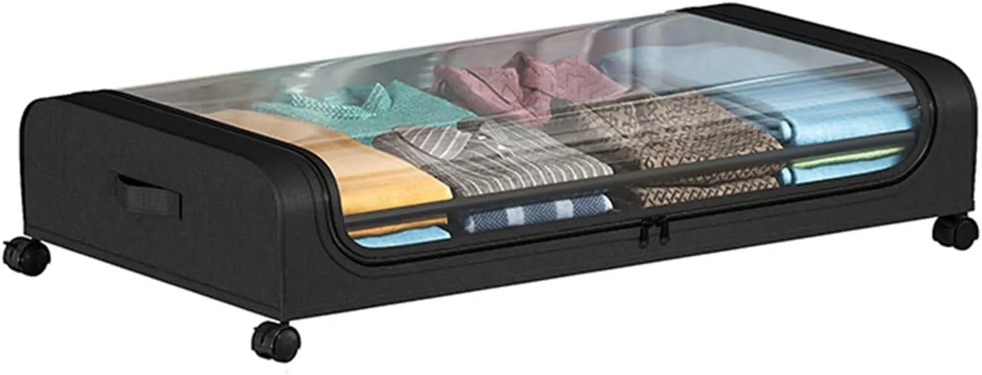 Underbed Storage Containers - Rollable Under Bed Storage Bag with Wheels, Clear Window and Handles, Large Capacity Storage Bins for Clothes Blanket Comforter Bedding,Black