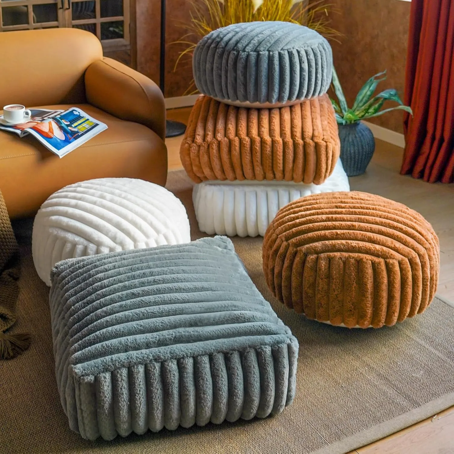 Unstuffed Pouf Ottoman Soft Bean Bag Storage Farmhouse Pouf Cover 20x20x8 Inches Decorative Floor Footrest for Living Room Bedroom Outdoor (Caramel, Round)