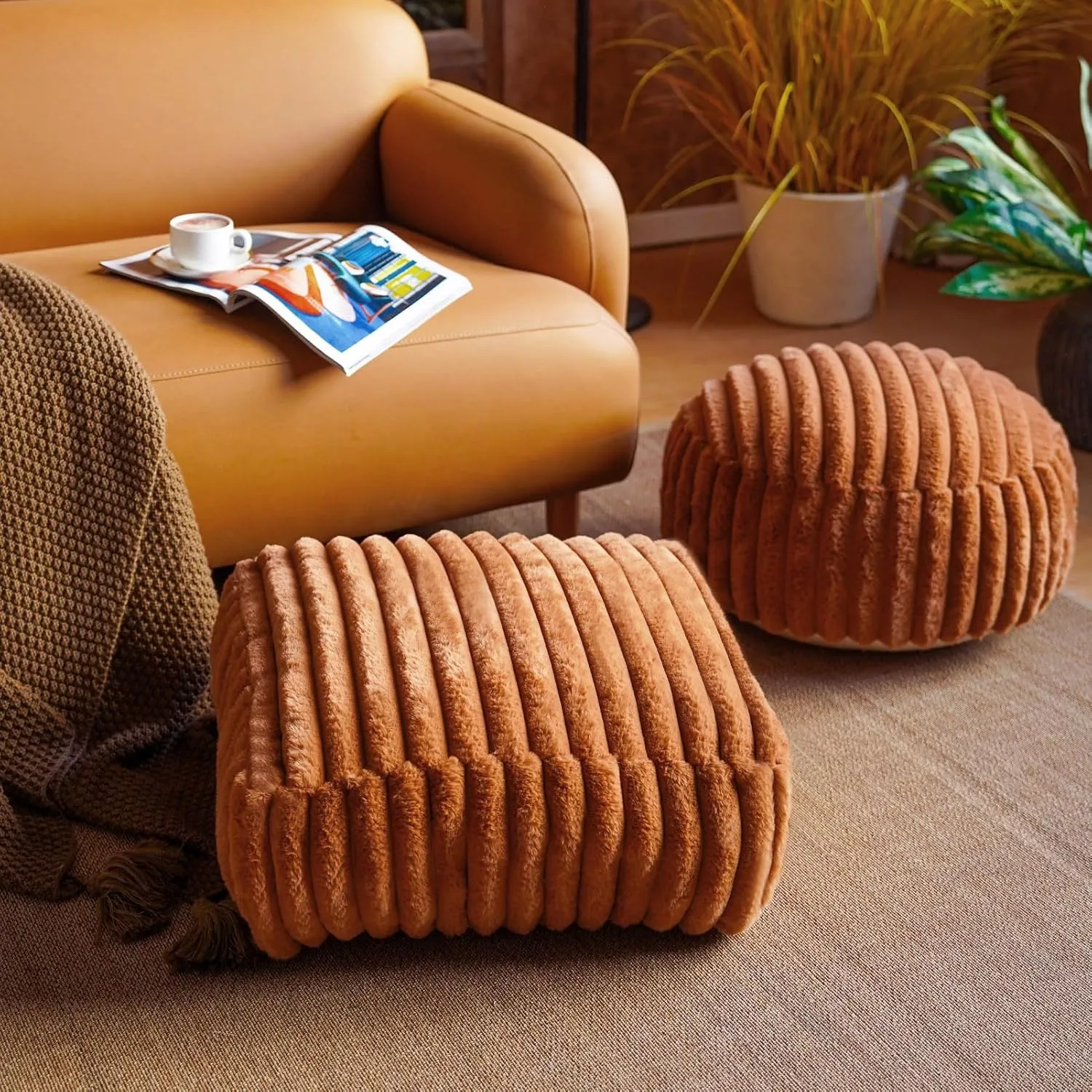 Unstuffed Pouf Ottoman Soft Bean Bag Storage Farmhouse Pouf Cover 20x20x8 Inches Decorative Floor Footrest for Living Room Bedroom Outdoor (Caramel, Round)