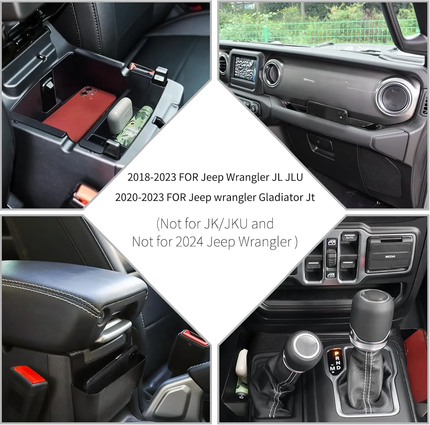 Upgraded 4 Pcs Center Console Organizer Combo Kit Interior Accessories Storage Box Para for 2018 2019 2020 2021 2022 2023 Jeep Wrangler JL JLU and Jeep Gladiator JT JTU,Gear Shift Tray Organizer