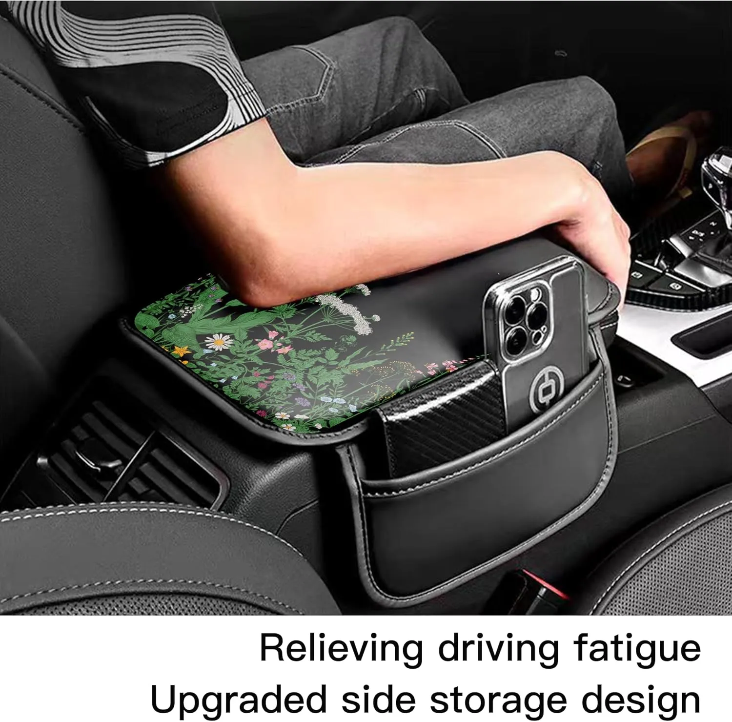 Upgraded Universal Car Center Console Cover, Microfiber Leather Armrest Cover with Storage Bags, Car Armrest Cushion, Comfortable and Durable Interior Accessory for Most Vehicles, Flower