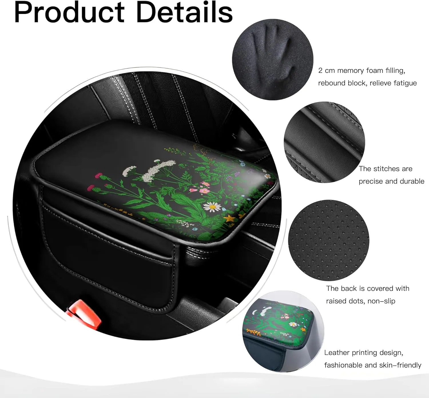 Upgraded Universal Car Center Console Cover, Microfiber Leather Armrest Cover with Storage Bags, Car Armrest Cushion, Comfortable and Durable Interior Accessory for Most Vehicles, Flower