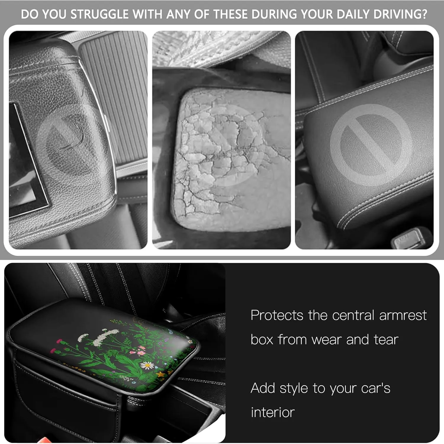 Upgraded Universal Car Center Console Cover, Microfiber Leather Armrest Cover with Storage Bags, Car Armrest Cushion, Comfortable and Durable Interior Accessory for Most Vehicles, Flower