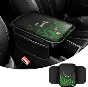 Upgraded Universal Car Center Console Cover, Microfiber Leather Armrest Cover with Storage Bags, Car Armrest Cushion, Comfortable and Durable Interior Accessory for Most Vehicles, Flower