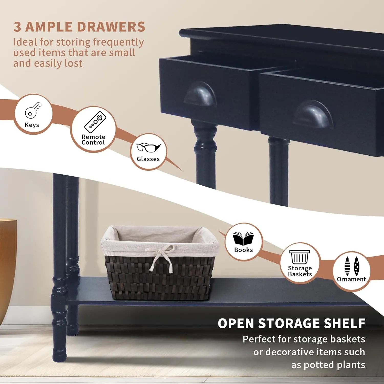 Urbanest Modern Burlington Console Table with 3 Drawers (Solid Wood, Black)