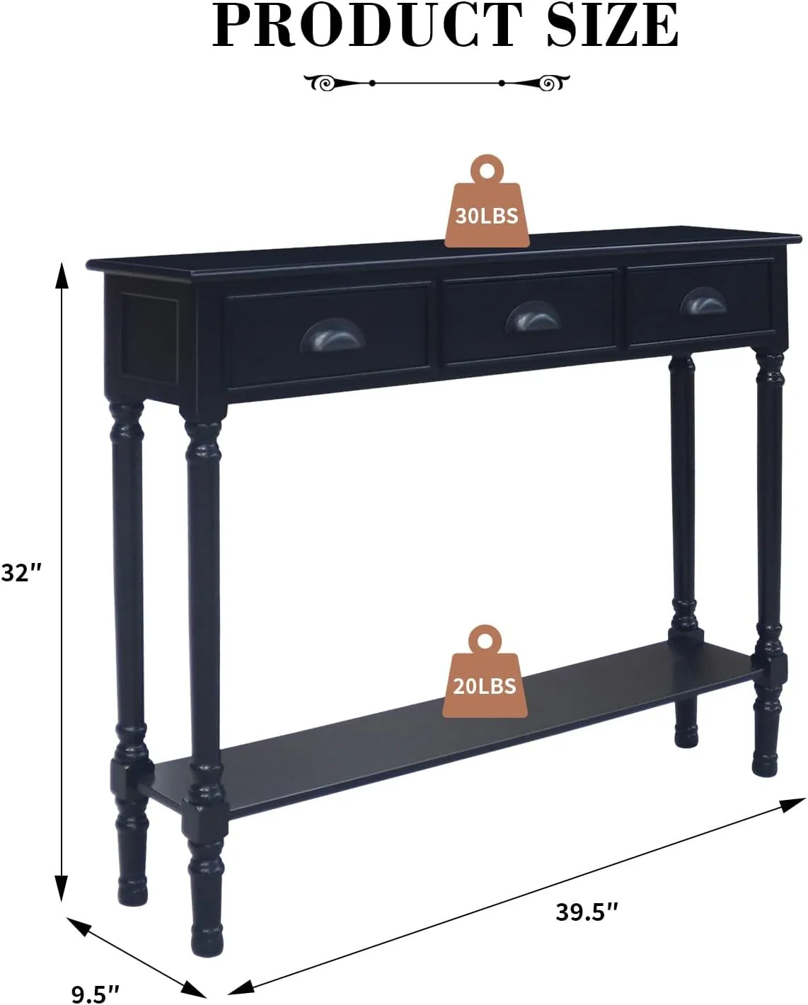 Urbanest Modern Burlington Console Table with 3 Drawers (Solid Wood, Black)