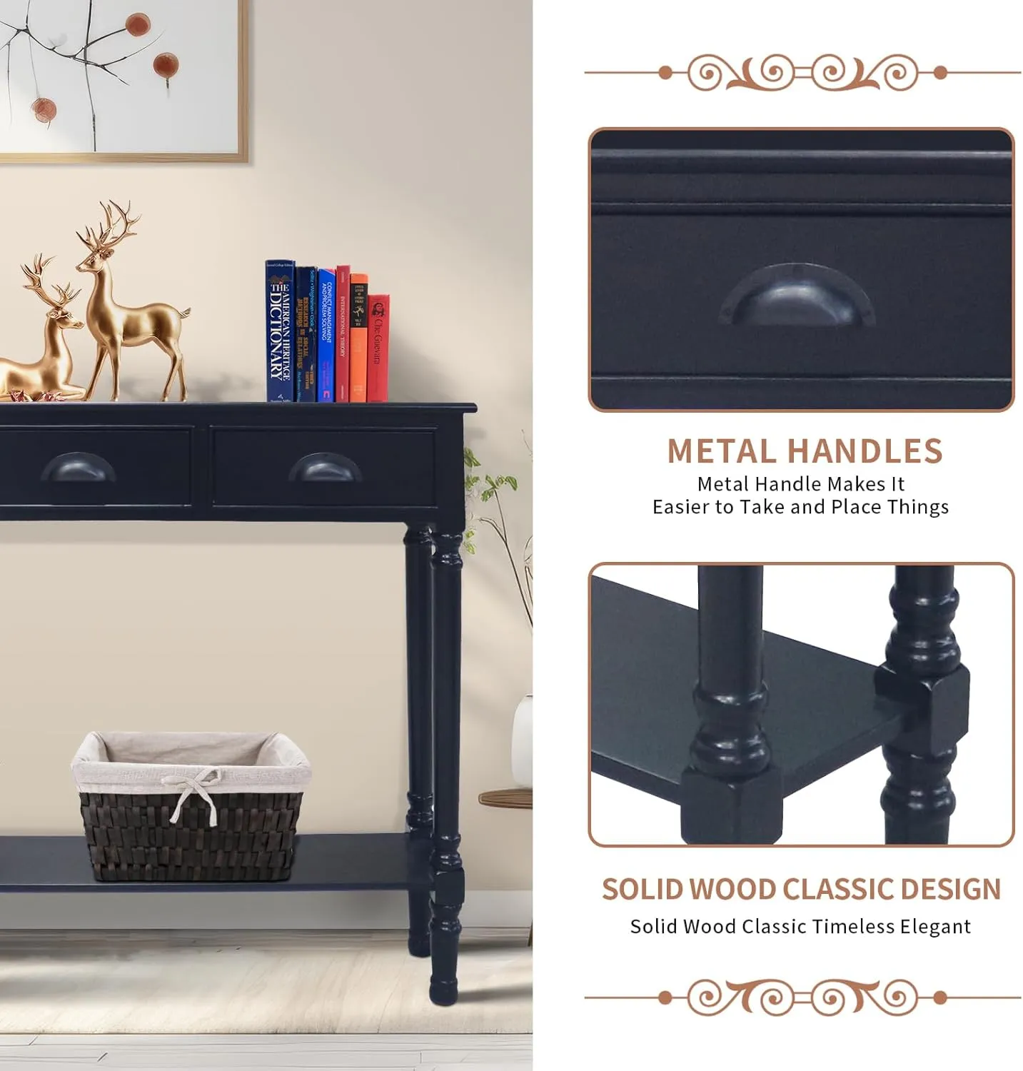Urbanest Modern Burlington Console Table with 3 Drawers (Solid Wood, Black)