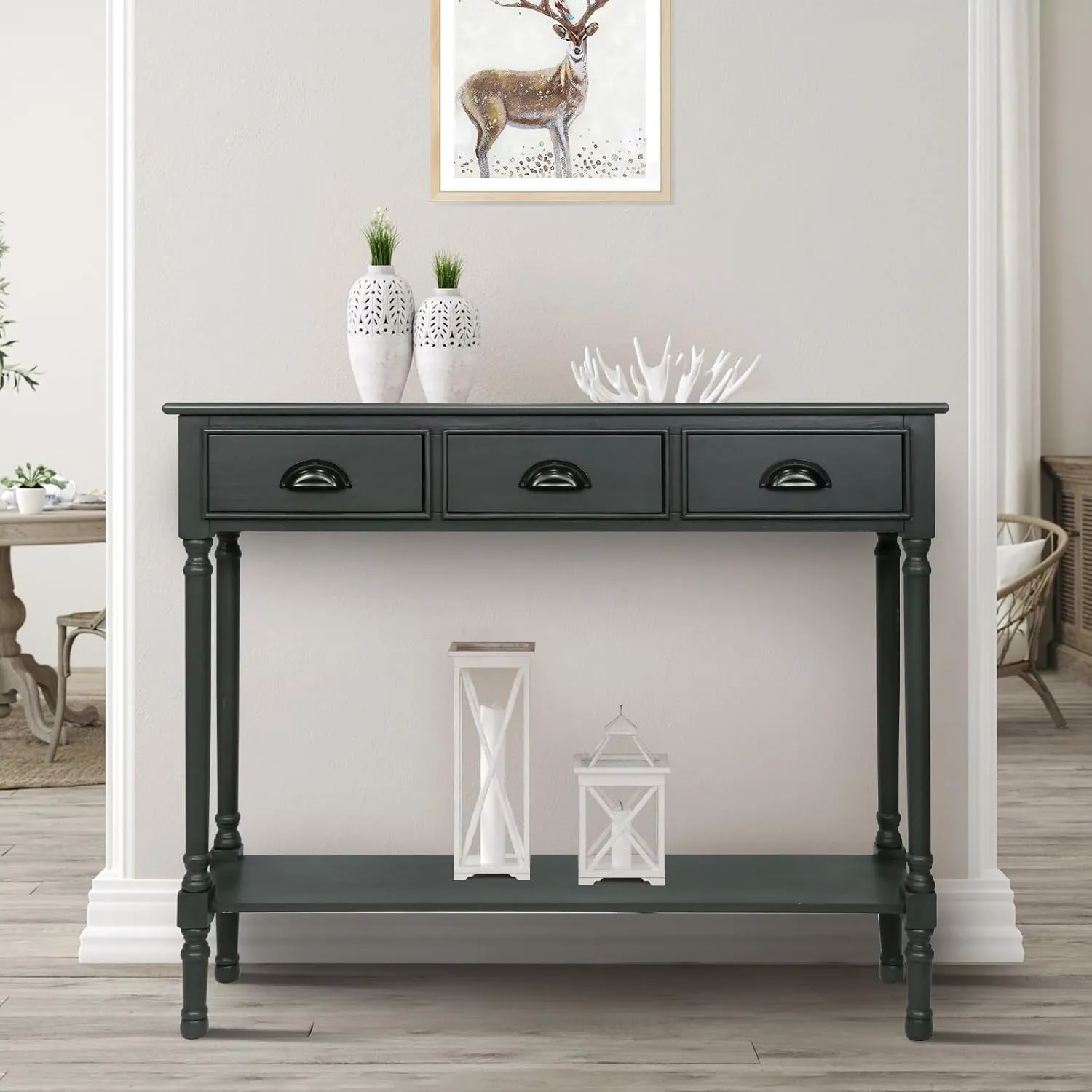 Urbanest Modern Burlington Console Table with 3 Drawers (Solid Wood, Gun Metal)