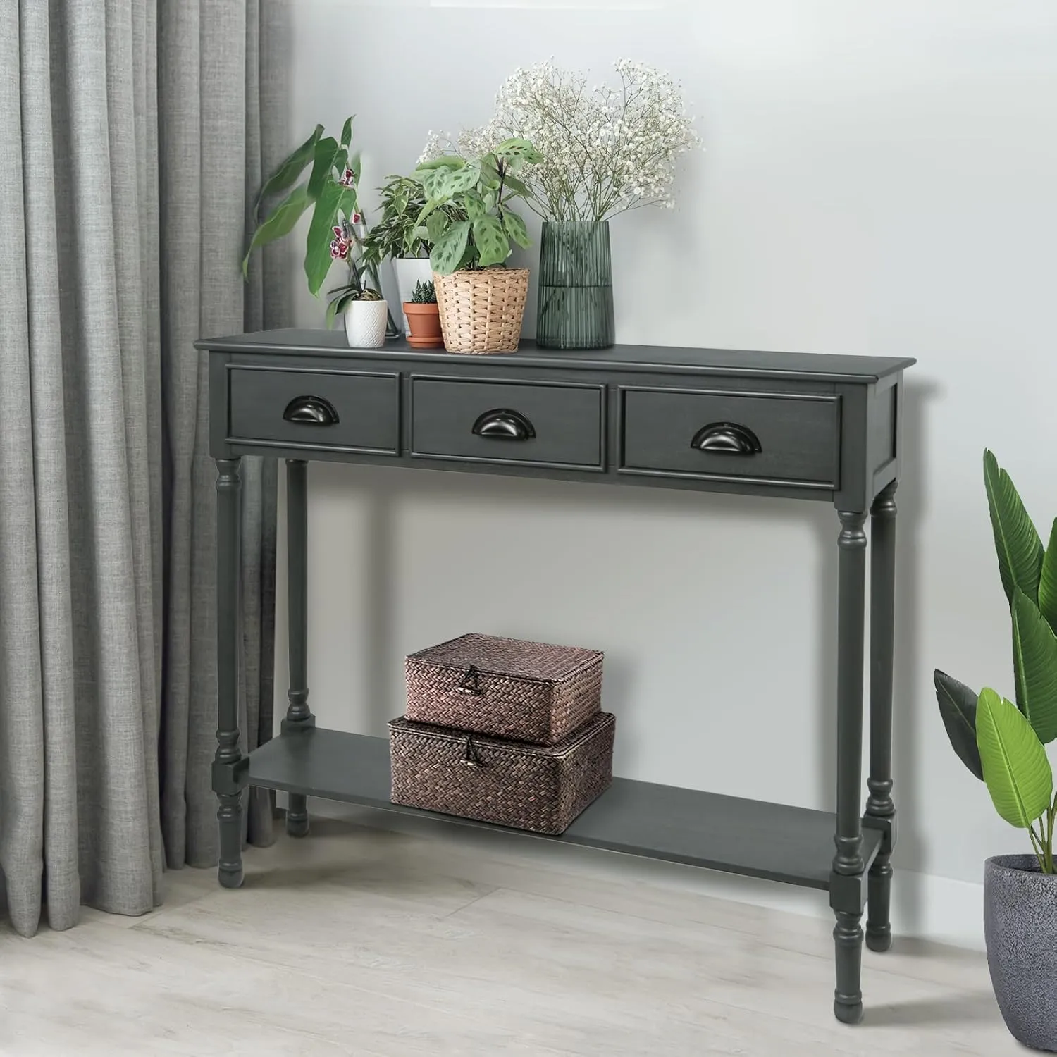 Urbanest Modern Burlington Console Table with 3 Drawers (Solid Wood, Gun Metal)