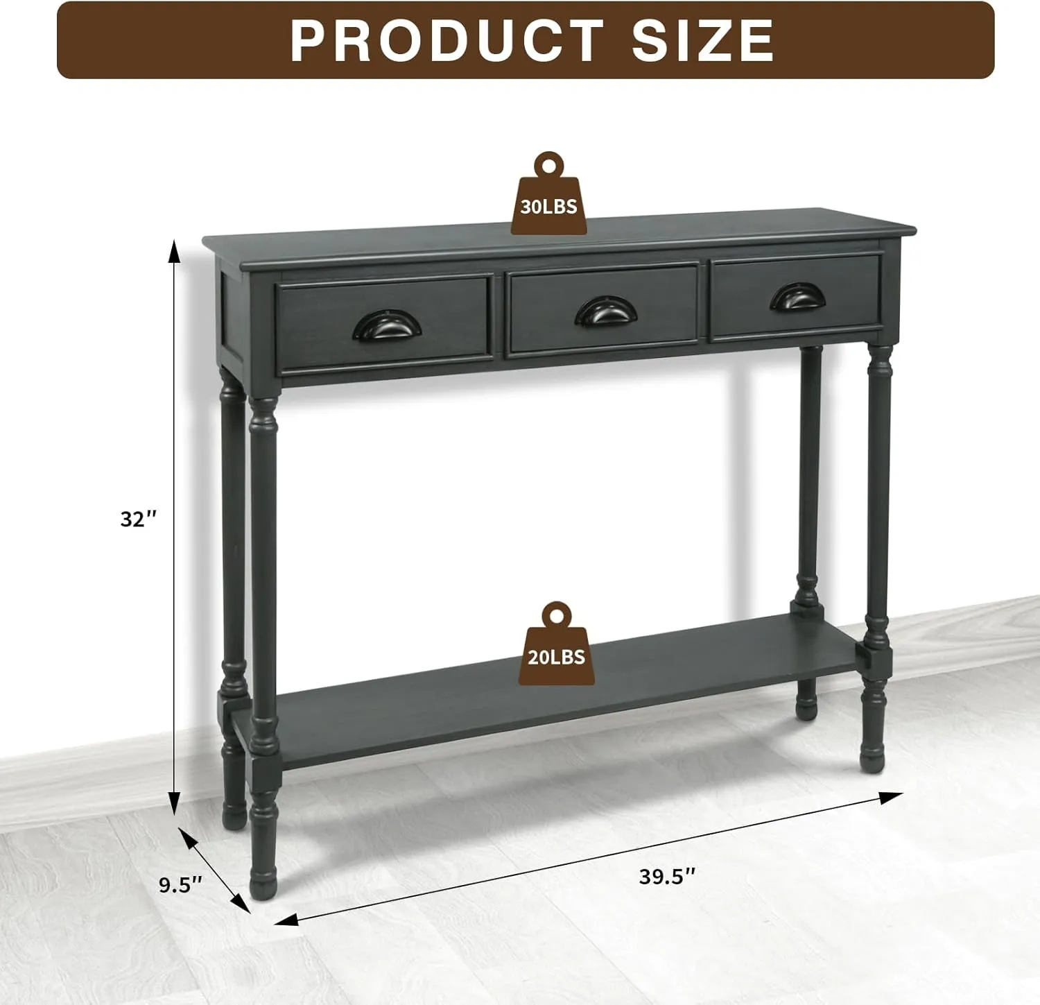 Urbanest Modern Burlington Console Table with 3 Drawers (Solid Wood, Gun Metal)