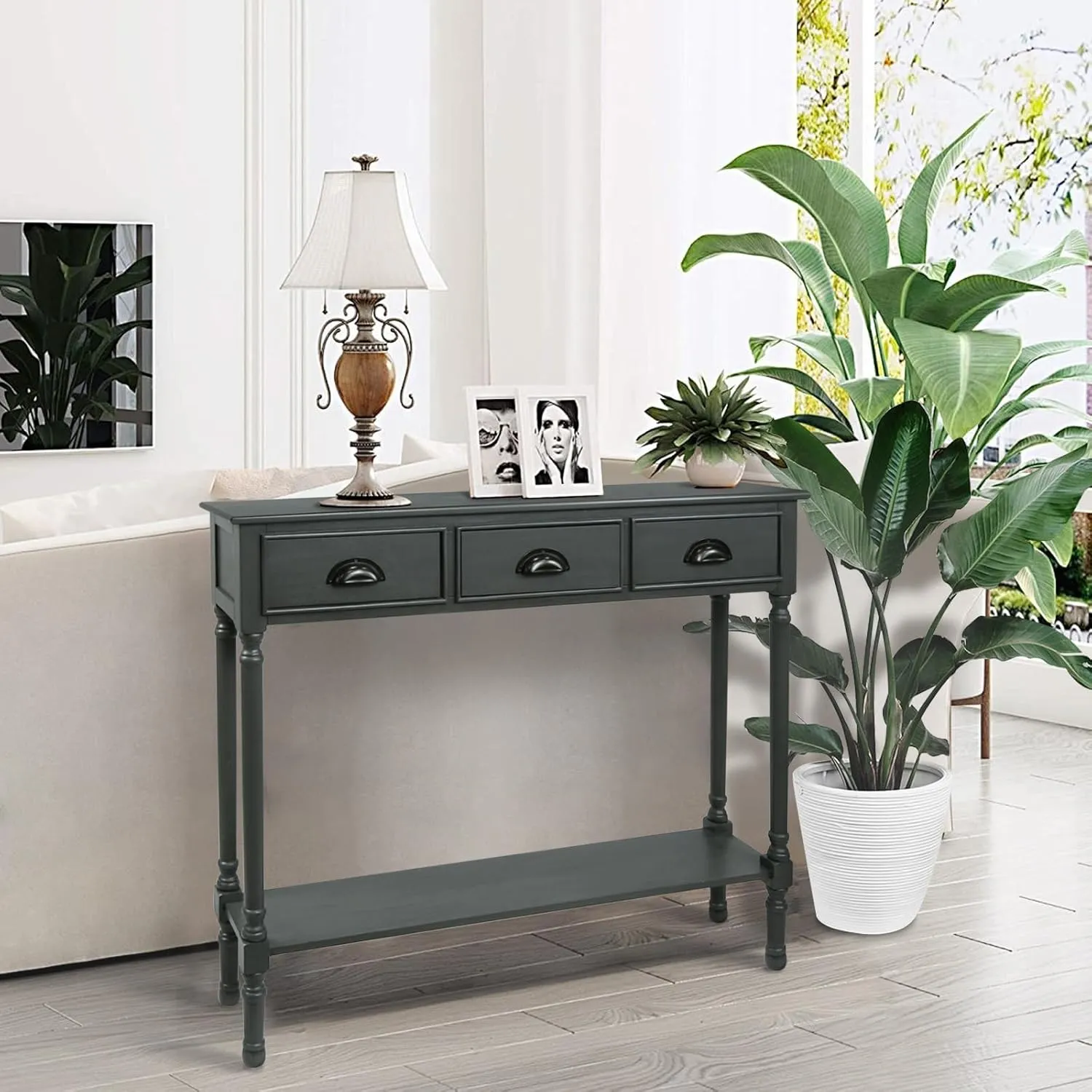 Urbanest Modern Burlington Console Table with 3 Drawers (Solid Wood, Gun Metal)