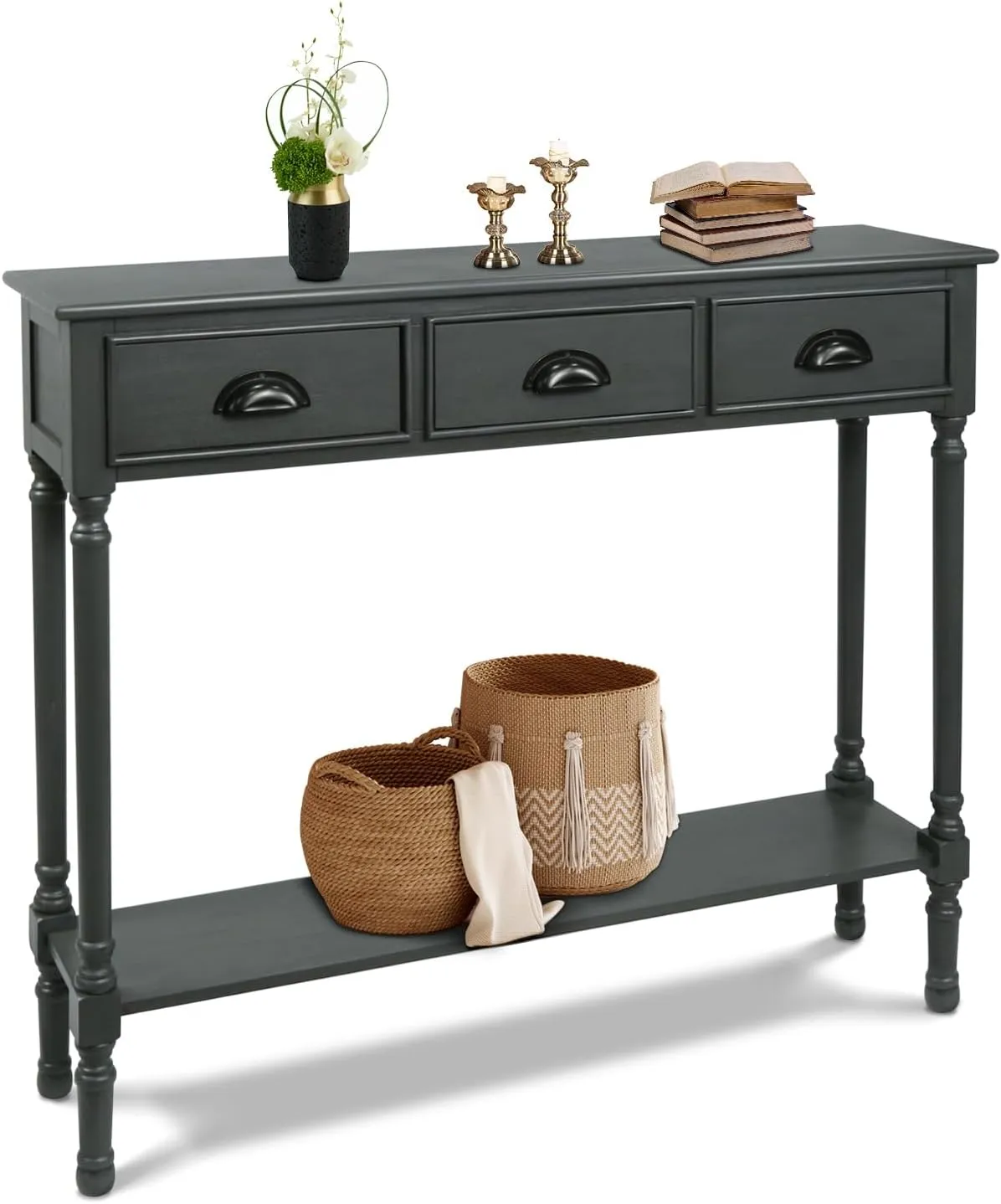 Urbanest Modern Burlington Console Table with 3 Drawers (Solid Wood, Gun Metal)