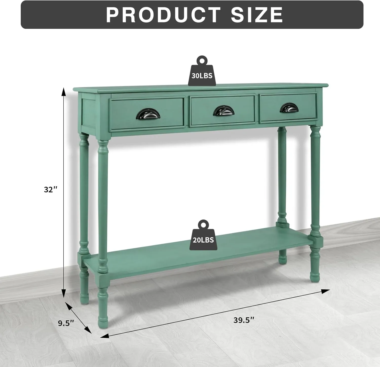 Urbanest Modern Burlington Console Table with 3 Drawers (Solid Wood, Peacock Green)