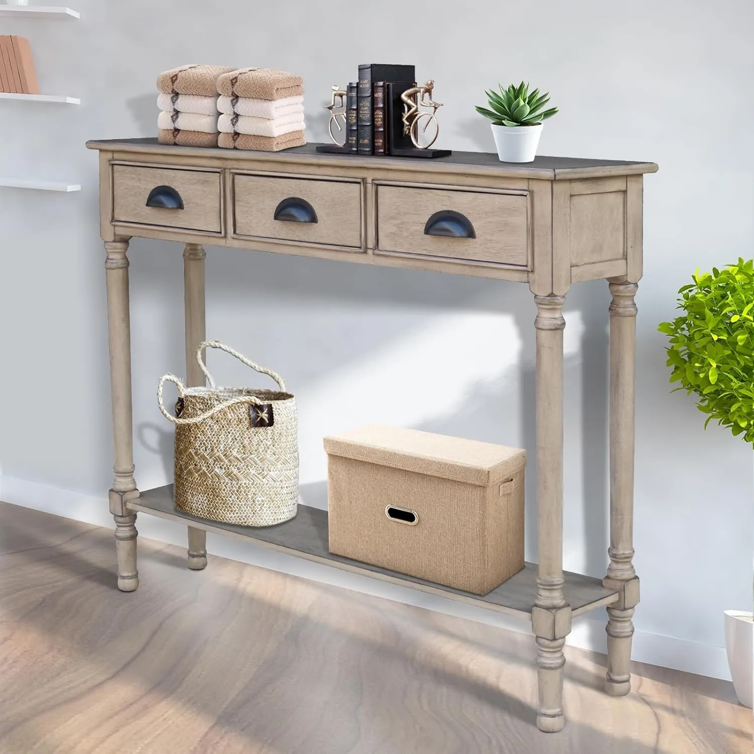 Urbanest Modern Burlington Console Table with 3 Drawers (Solid Wood, Sahara)