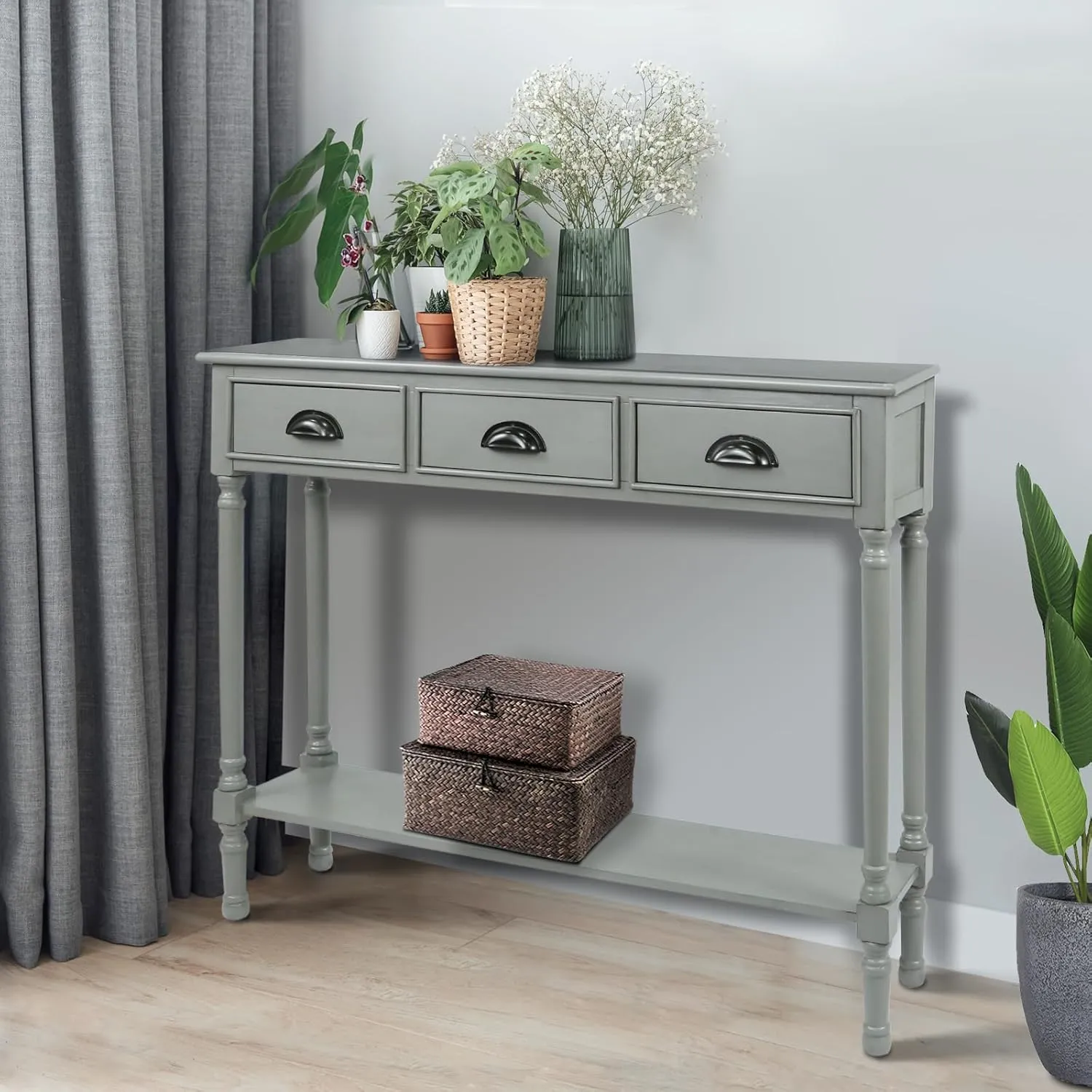 Urbanest Modern Burlington Console Table with 3 Drawers (Solid Wood, Vendee Gray)