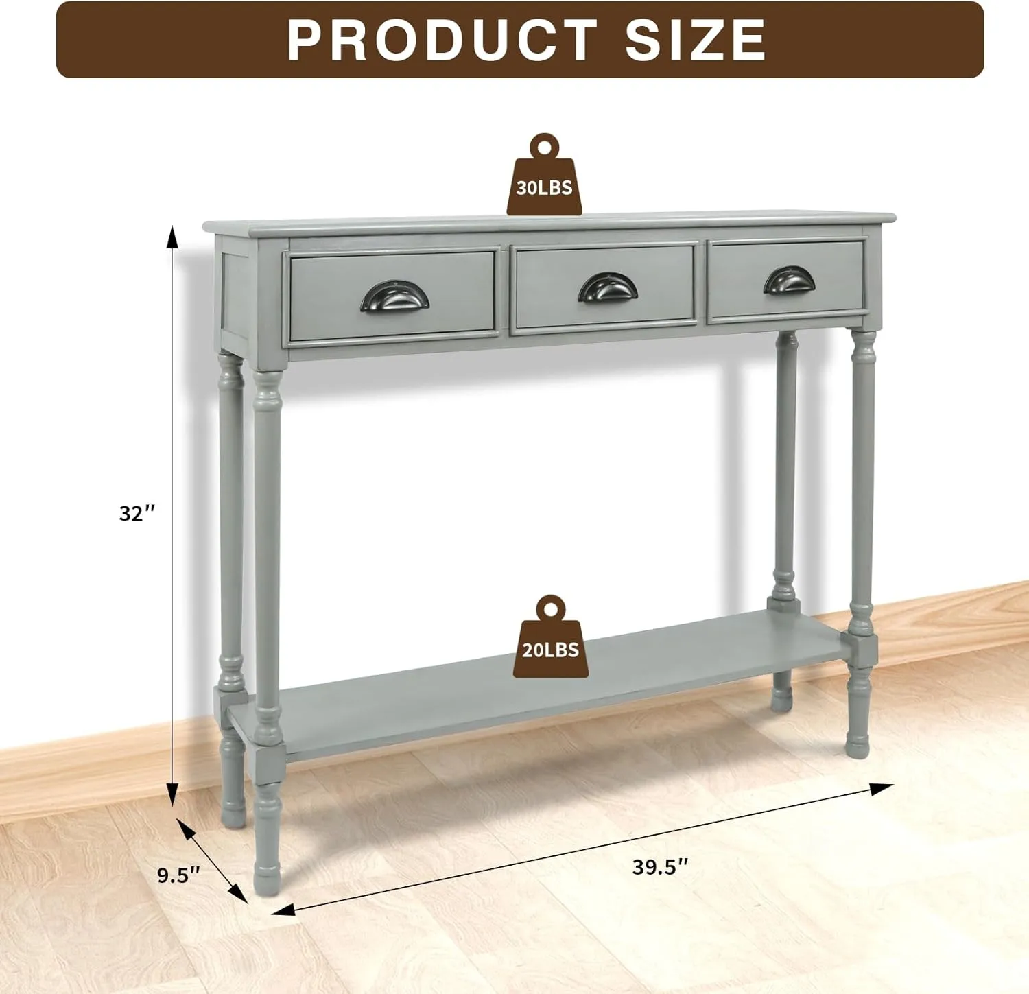 Urbanest Modern Burlington Console Table with 3 Drawers (Solid Wood, Vendee Gray)