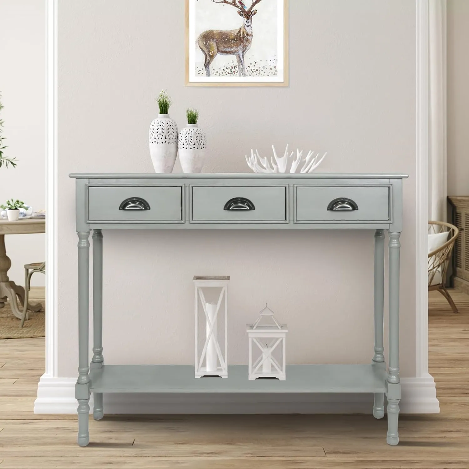 Urbanest Modern Burlington Console Table with 3 Drawers (Solid Wood, Vendee Gray)
