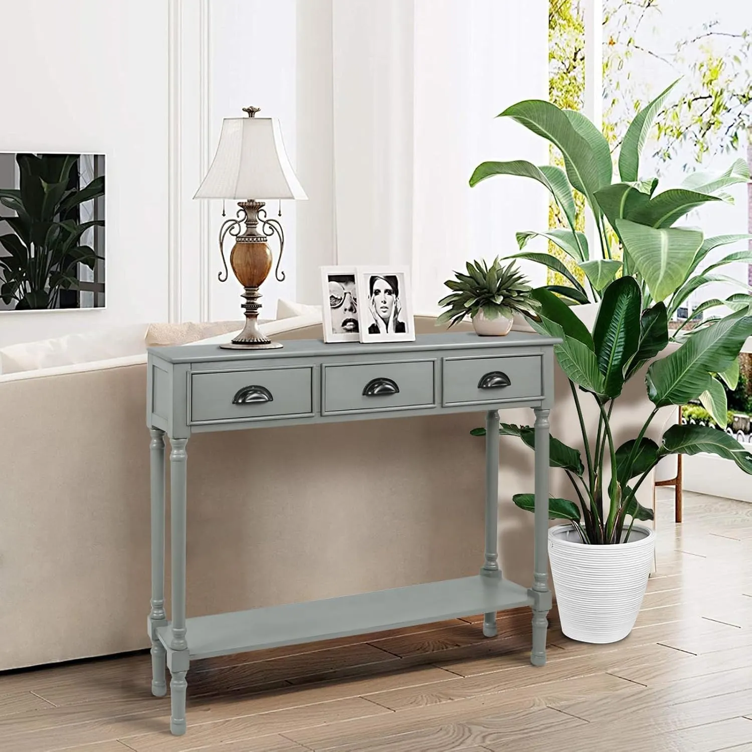 Urbanest Modern Burlington Console Table with 3 Drawers (Solid Wood, Vendee Gray)