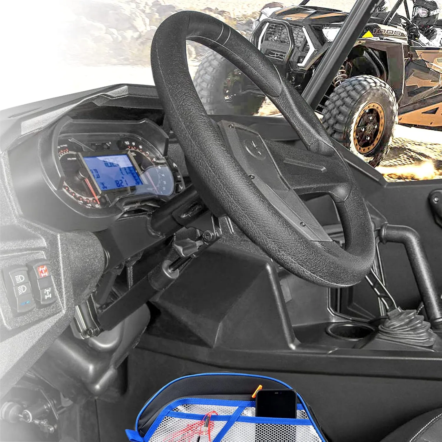 UTV Center Console Storage Bag with Double Side Zippers, Compatible with Polaris General 1000/1000-4/General XP 1000 2016-2025 (Blue Piping)