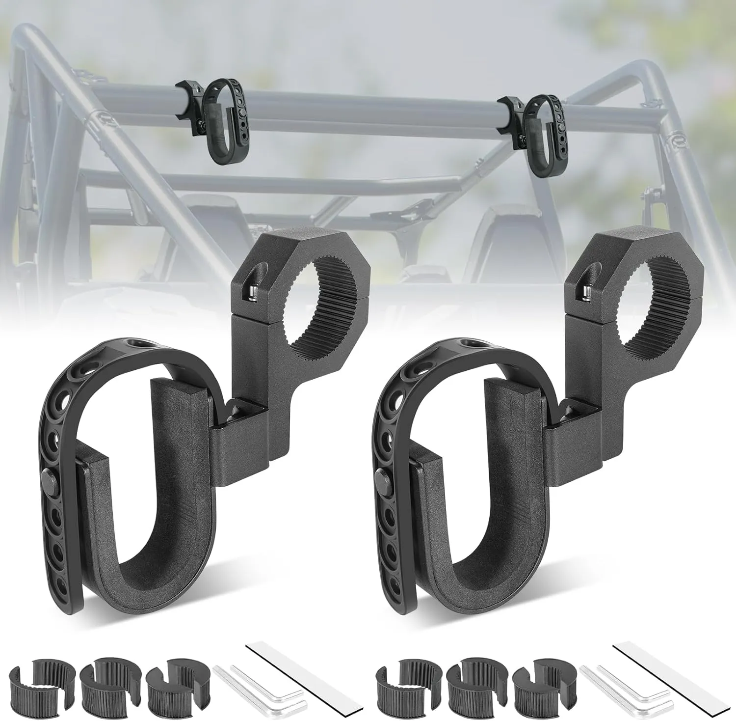 UTV Hunting Tool Rack Holder Utility Roll Bar Shovel Bow Brackets Fit for 1”-2” Roll Bar UTV Hunting Accessories for Polaris Ranger RZR Can-Am Maverick X3/Sport/Defender Glof Cart