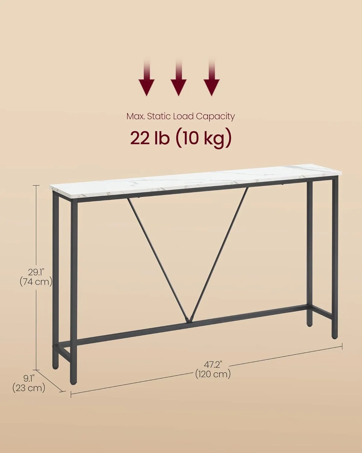 VASAGLE Console Sofa Table, Narrow Entryway Table, for Living Room, Bedroom, Easy Assembly, Marble White and Ink Black ULNT020W01