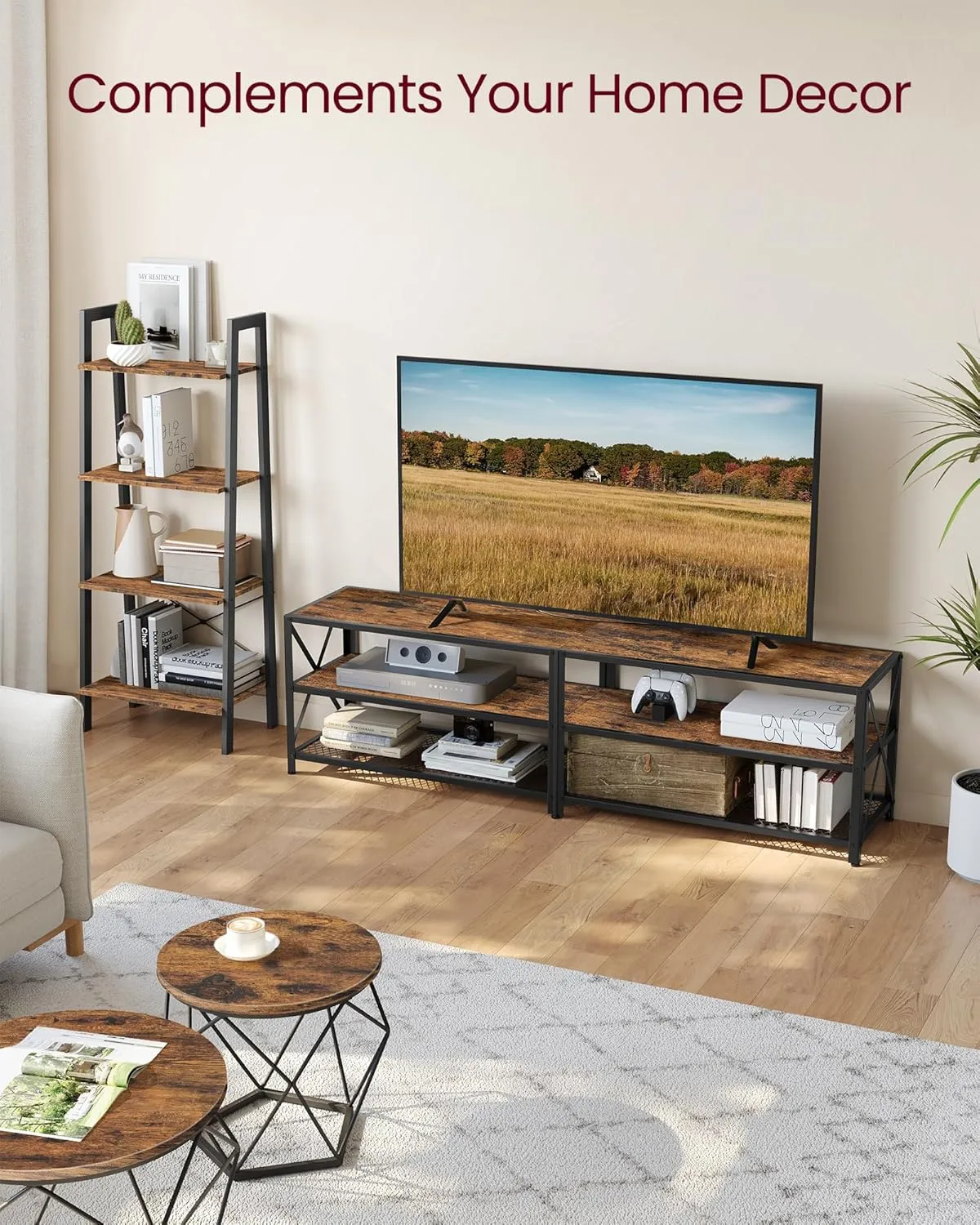 VASAGLE TV Stand, Console for TVs Up to 75 Inches, 70.1 Inches Width, Cabinet with Storage Shelves, Steel Frame, for Living Room, Bedroom, Rustic Brown and Black ULTV096B01V1