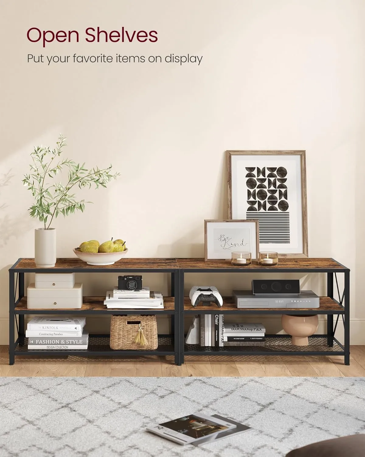 VASAGLE TV Stand, Console for TVs Up to 75 Inches, 70.1 Inches Width, Cabinet with Storage Shelves, Steel Frame, for Living Room, Bedroom, Rustic Brown and Black ULTV096B01V1