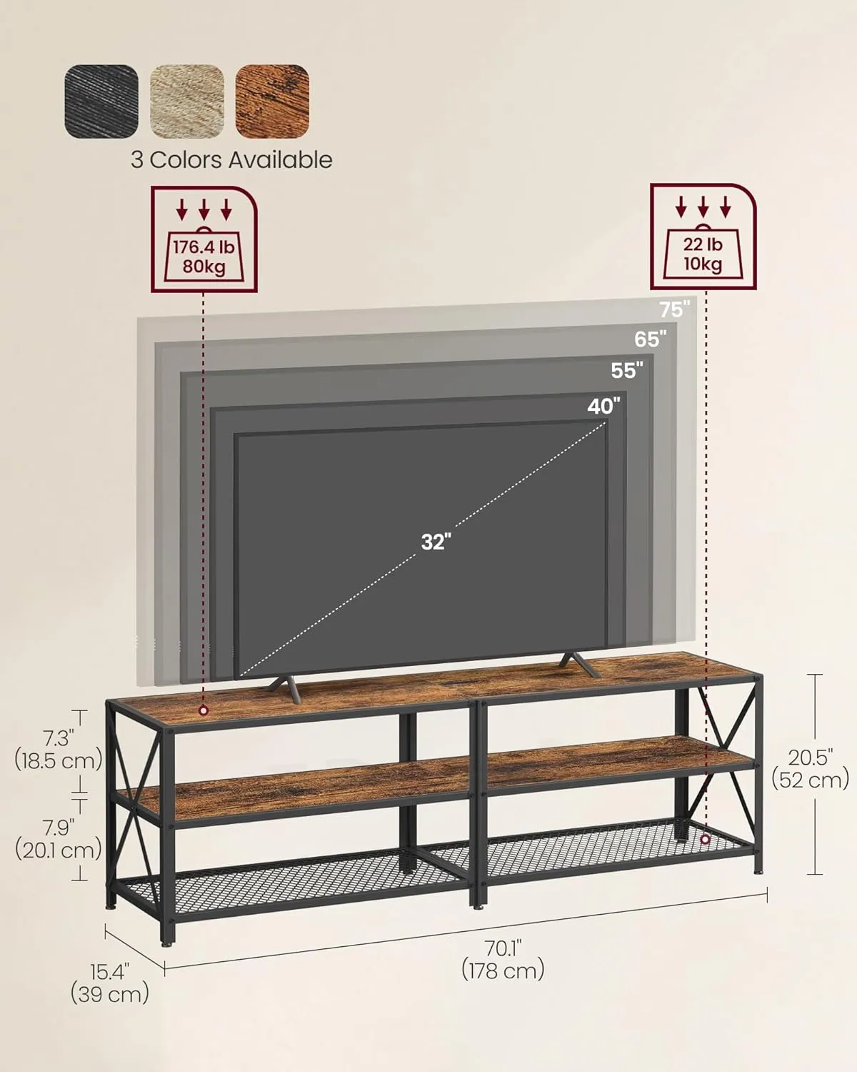 VASAGLE TV Stand, Console for TVs Up to 75 Inches, 70.1 Inches Width, Cabinet with Storage Shelves, Steel Frame, for Living Room, Bedroom, Rustic Brown and Black ULTV096B01V1