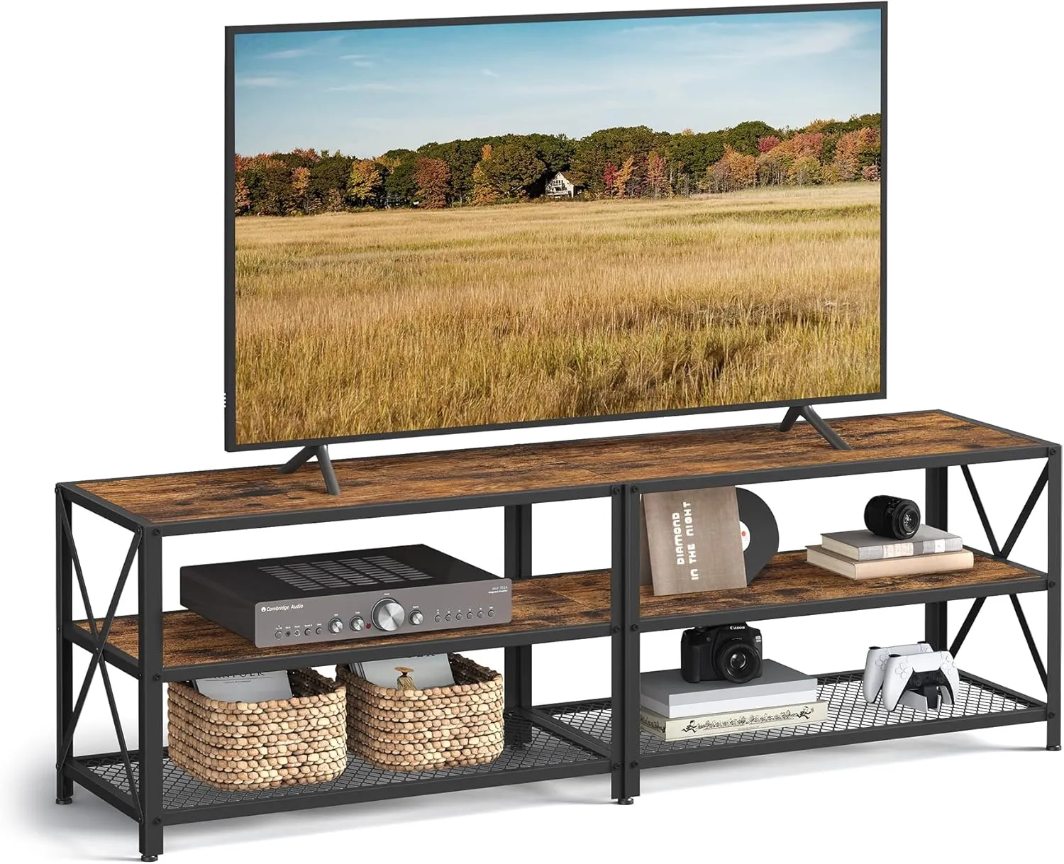 VASAGLE TV Stand, Console for TVs Up to 75 Inches, 70.1 Inches Width, Cabinet with Storage Shelves, Steel Frame, for Living Room, Bedroom, Rustic Brown and Black ULTV096B01V1