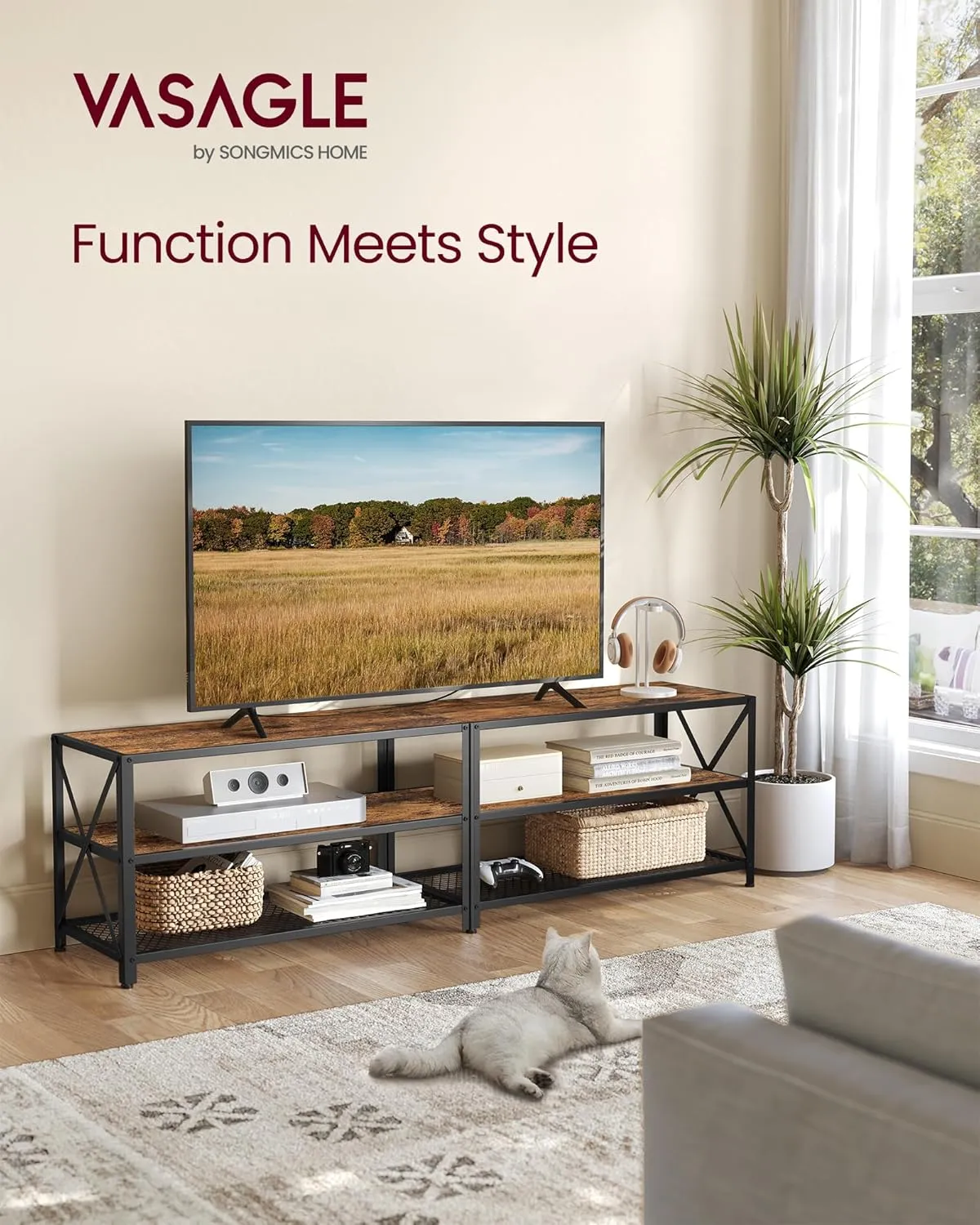 VASAGLE TV Stand, Console for TVs Up to 75 Inches, 70.1 Inches Width, Cabinet with Storage Shelves, Steel Frame, for Living Room, Bedroom, Rustic Brown and Black ULTV096B01V1