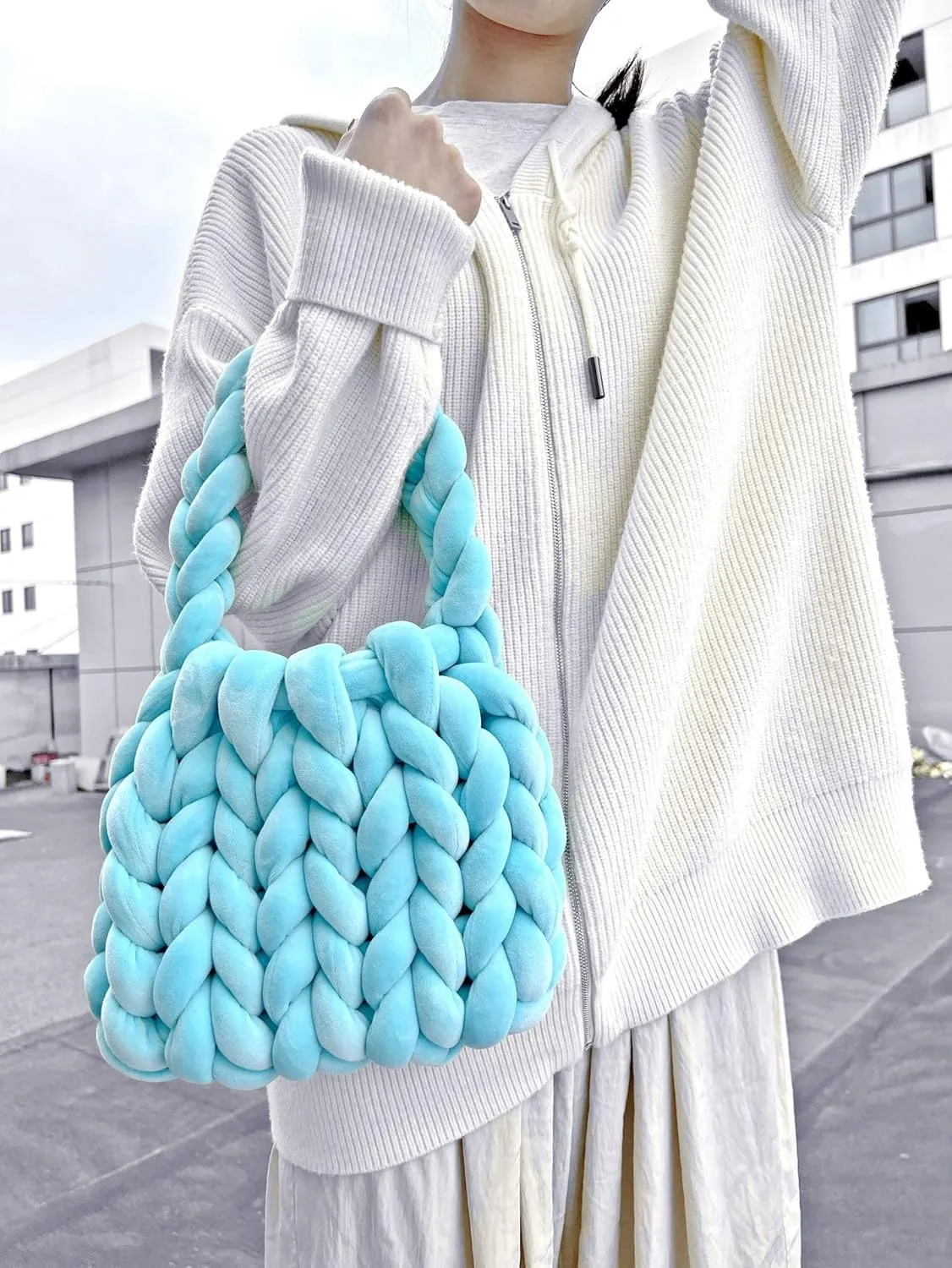 Velvet bag handmade knitting bag bag crystal velvet irrigation core yarn knitting bag hand carry messenger bag(Colour 1,28cmX20cmX28cm)