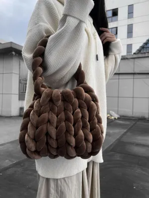 Velvet bag handmade knitting bag bag crystal velvet irrigation core yarn knitting bag hand carry messenger bag(Colour 1,28cmX20cmX28cm)