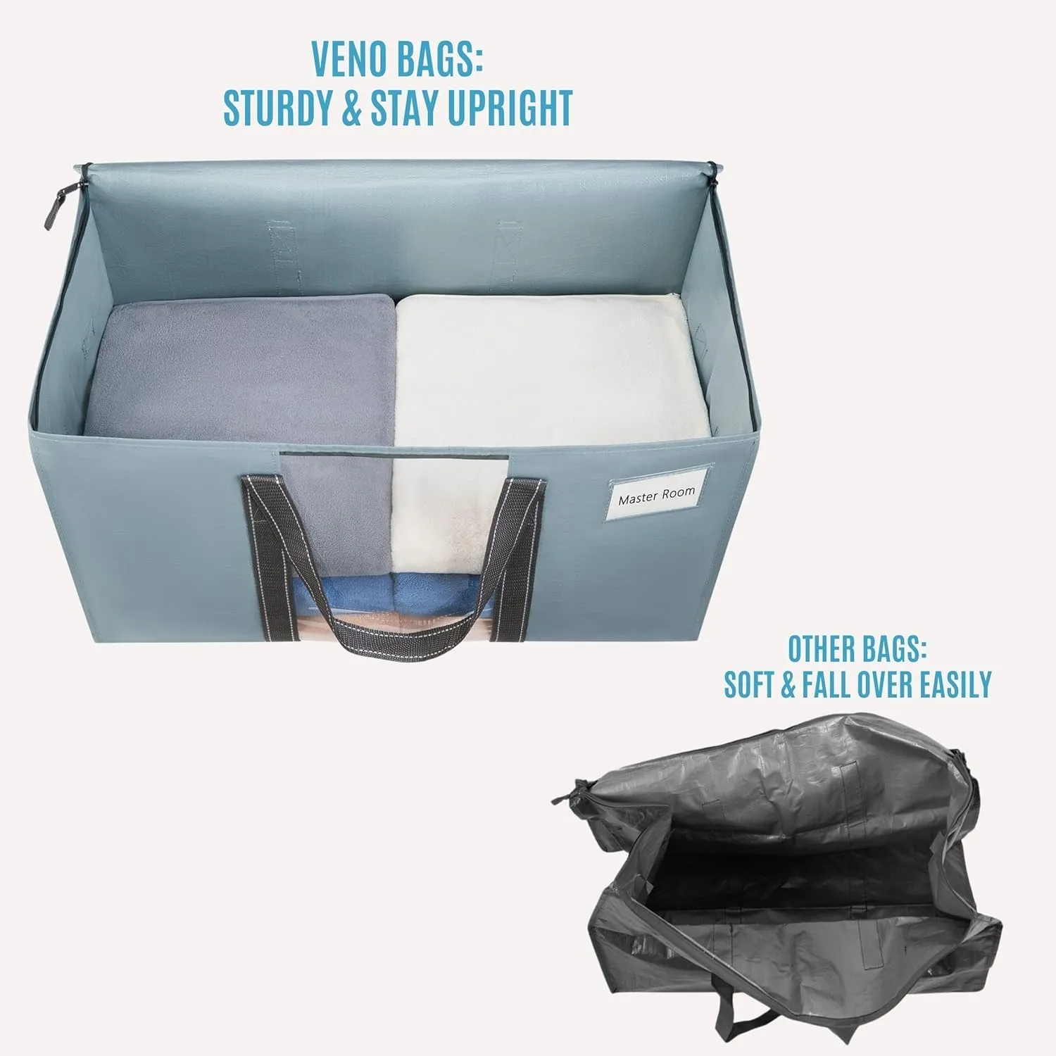 VENO 10 Pack Moving Bags, Moving Supplies, Moving Boxes, College Packing Storage Boxes with Lids Alternative, Heavy Duty Totes, Extra Large, Sturdy Handles, Zipper (Light Blue with Window, 10 Pack)
