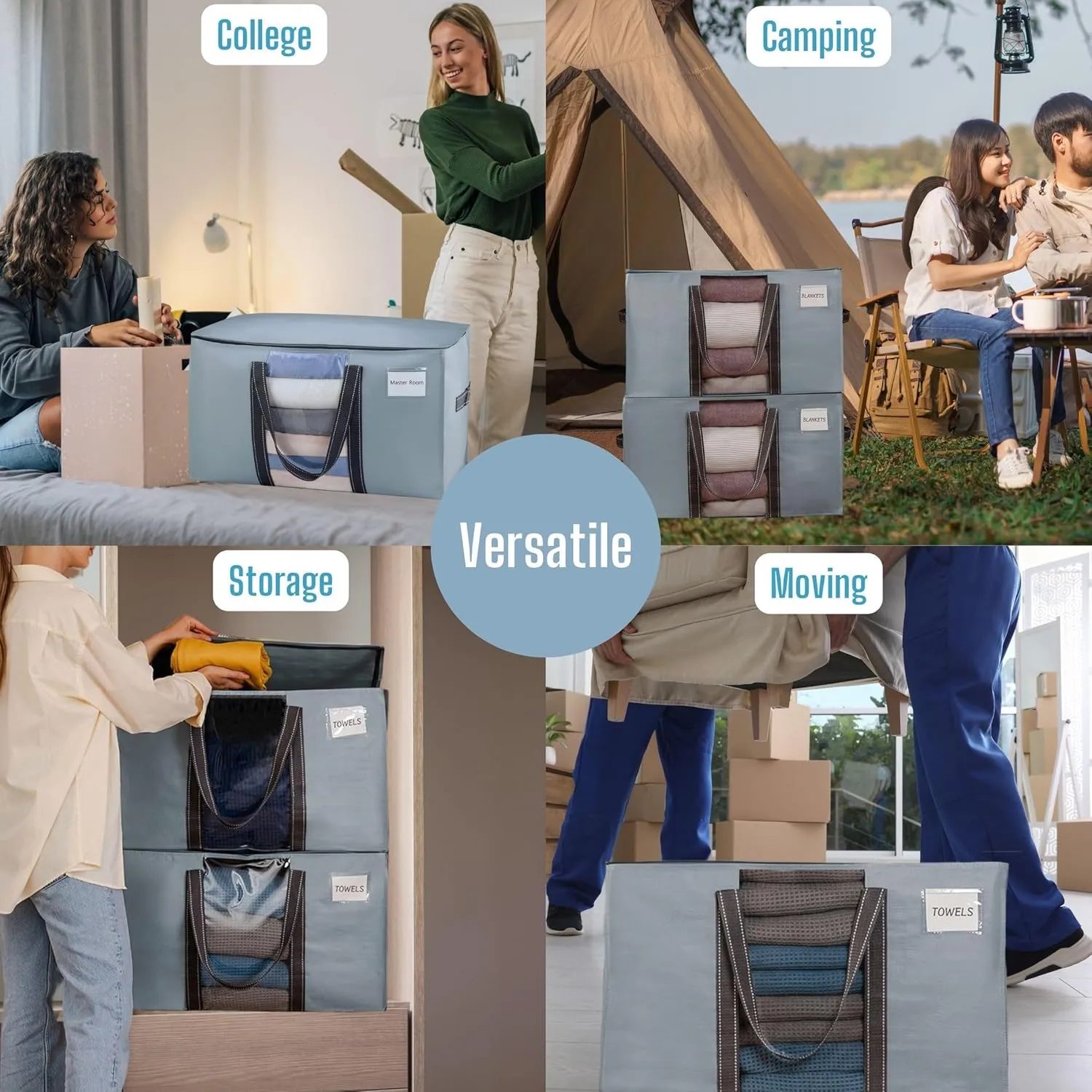 VENO 10 Pack Moving Bags, Moving Supplies, Moving Boxes, College Packing Storage Boxes with Lids Alternative, Heavy Duty Totes, Extra Large, Sturdy Handles, Zipper (Light Blue with Window, 10 Pack)