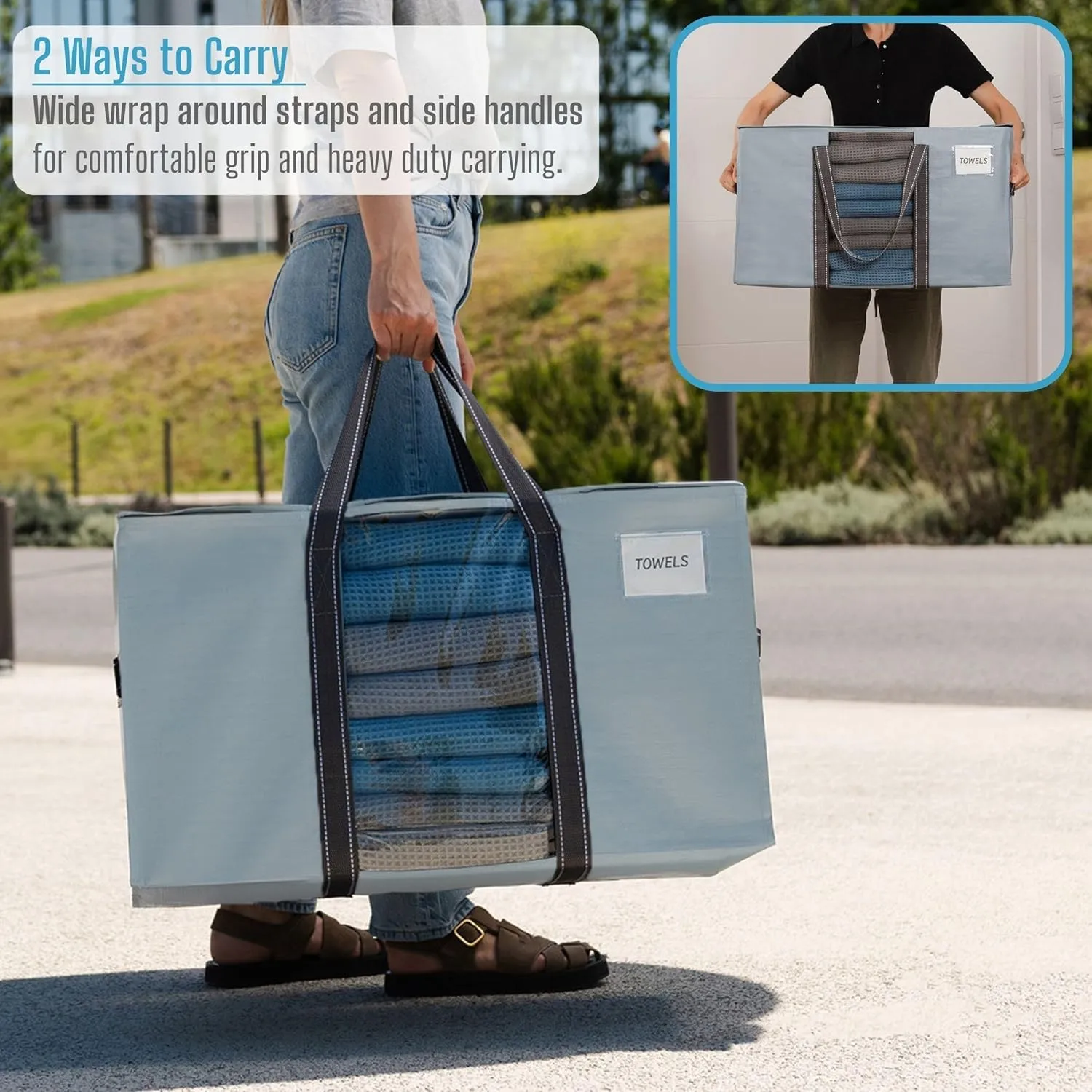 VENO 10 Pack Moving Bags, Moving Supplies, Moving Boxes, College Packing Storage Boxes with Lids Alternative, Heavy Duty Totes, Extra Large, Sturdy Handles, Zipper (Light Blue with Window, 10 Pack)