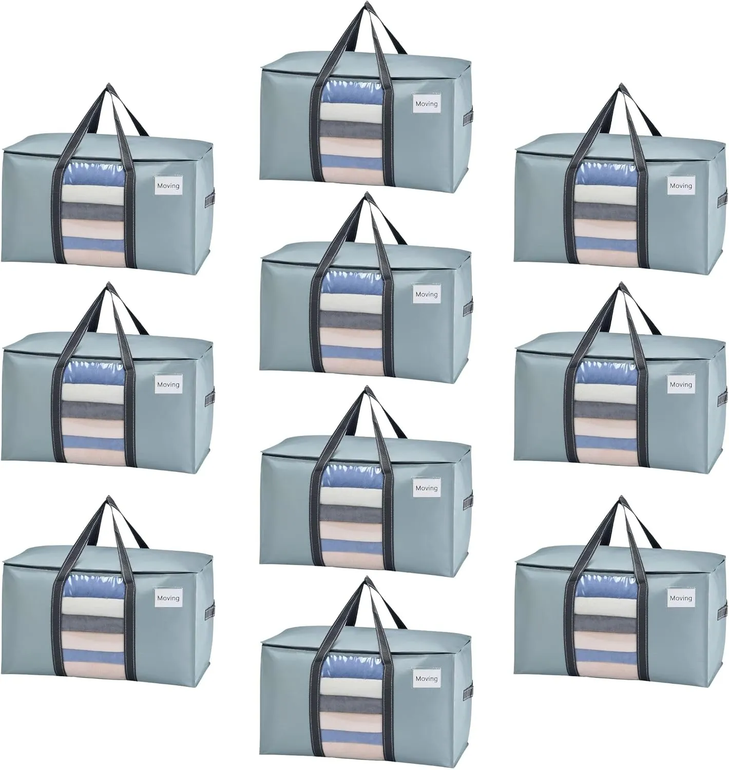 VENO 10 Pack Moving Bags, Moving Supplies, Moving Boxes, College Packing Storage Boxes with Lids Alternative, Heavy Duty Totes, Extra Large, Sturdy Handles, Zipper (Light Blue with Window, 10 Pack)