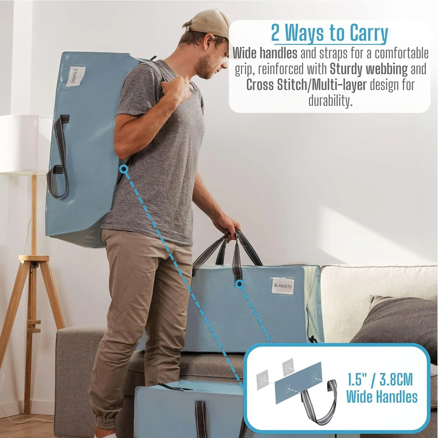 VENO 10 Pack Moving Bags w/Backpack Straps, Heavy Duty, Moving Boxes Alternative, Packing Supplies, Large Storage Totes for Dorm Room Essentials with Zipper for Clothes (Shiny Light Blue, 10 Pack)