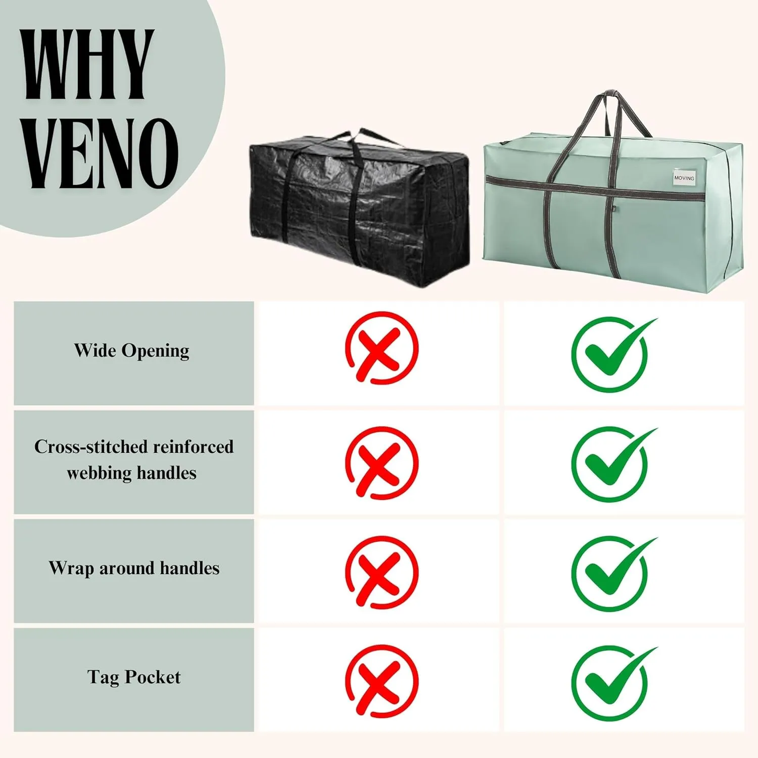VENO 2 Pack Extra Large Moving Bags, Heavy Duty Storage, Moving Boxes, Large Storage Bins with Lids Alternative for College, Christmas Tree, Packing Supplies Essentials (Light Green Matte, 2 Pack)