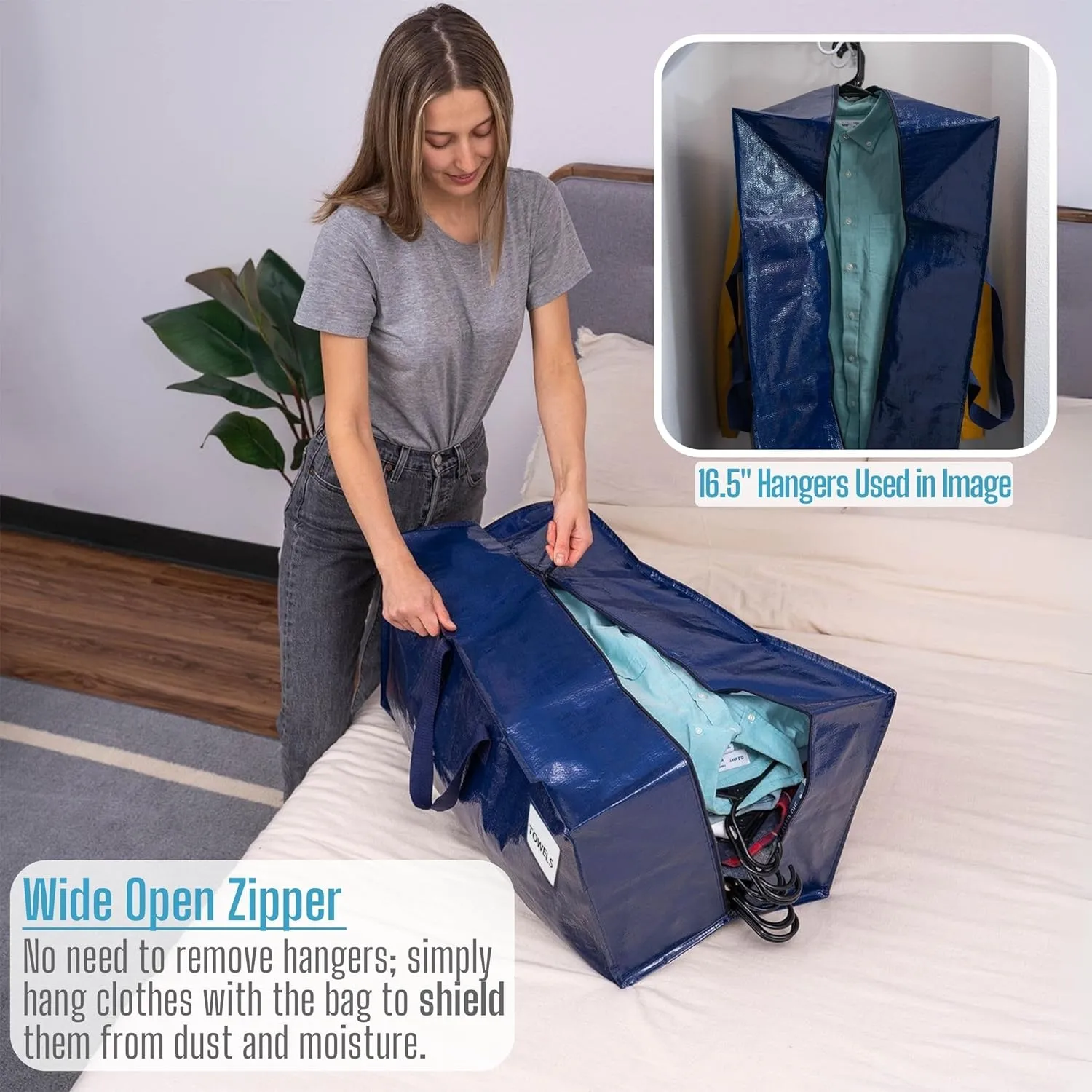 VENO 2 Pack Moving Bags w/Backpack Straps, Heavy Duty, Moving Boxes Alternative, Packing Supplies, Large Storage Totes for Dorm Room Essentials with Zipper for Clothes (Blue, 2 Pack)