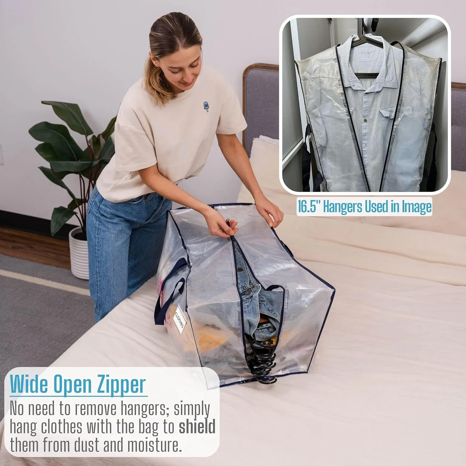 VENO 2 Pack Moving Bags w/Backpack Straps, Heavy Duty, Moving Boxes Alternative, Packing Supplies, Large Storage Totes for Dorm Room Essentials with Zipper for Clothes (Clear, 2 Pack)
