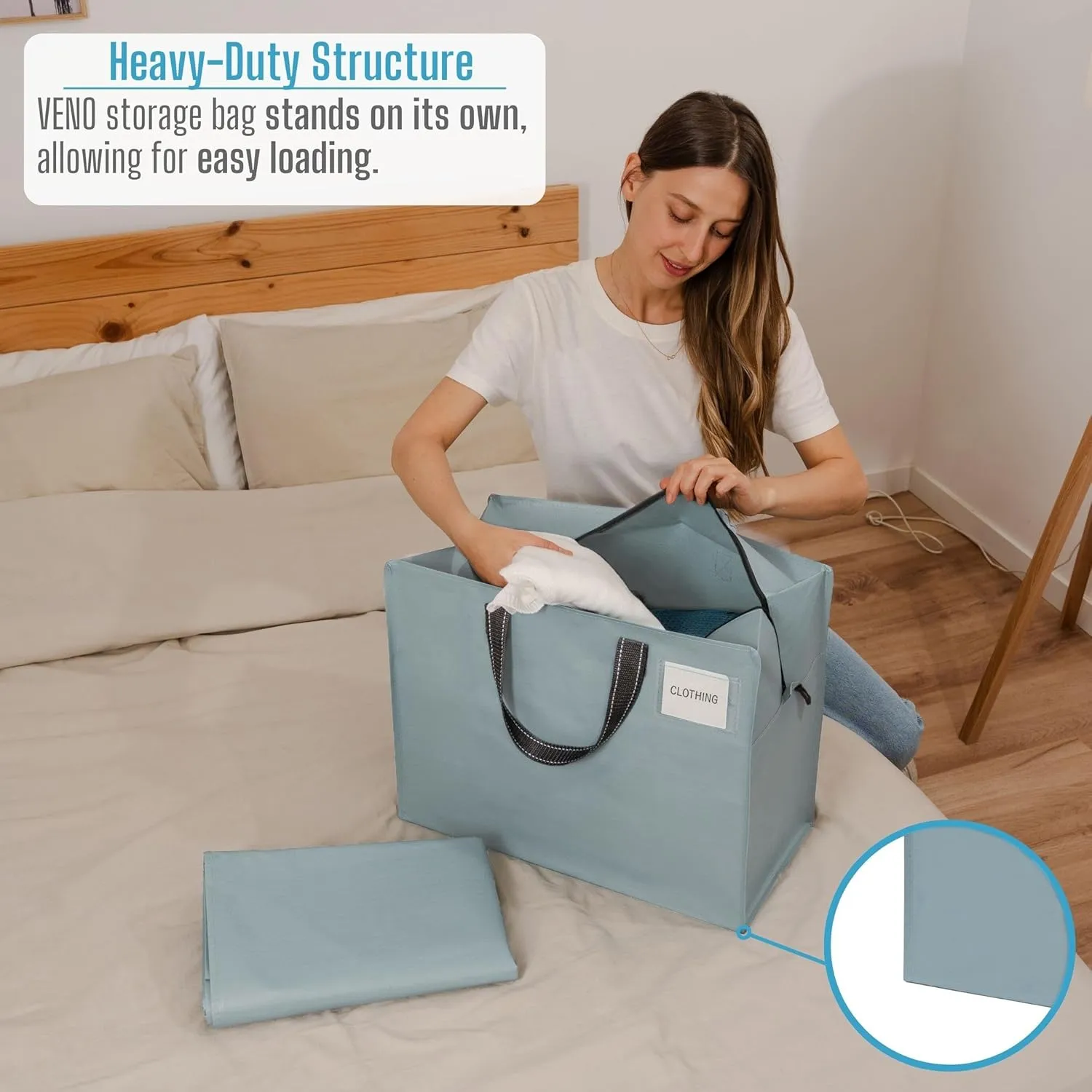 VENO 4 Pack Heavy Duty Moving Bags, Storage Bags, Packing Supplies, Top Zipper, Storage Totes for Camping, Clothes, Bedding, Comforters, Pillows (13 Gallon Light Blue, 4 Pack)