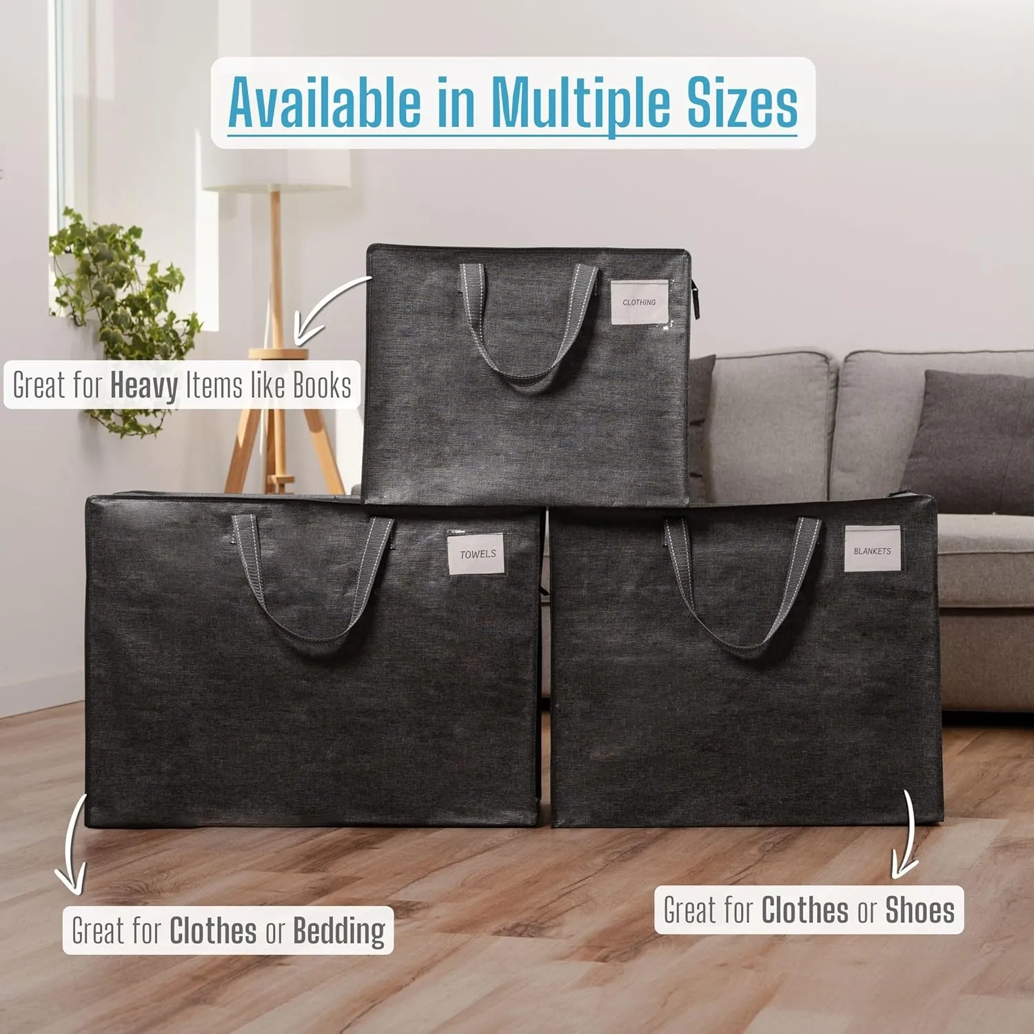 VENO 4 Pack Heavy Duty Moving Bags, Storage Bags, Packing Supplies, Top Zipper, Storage Totes for Camping, Clothes, Bedding, Comforters, Pillows (22 Gallon Dark Gray, 4 Pack)