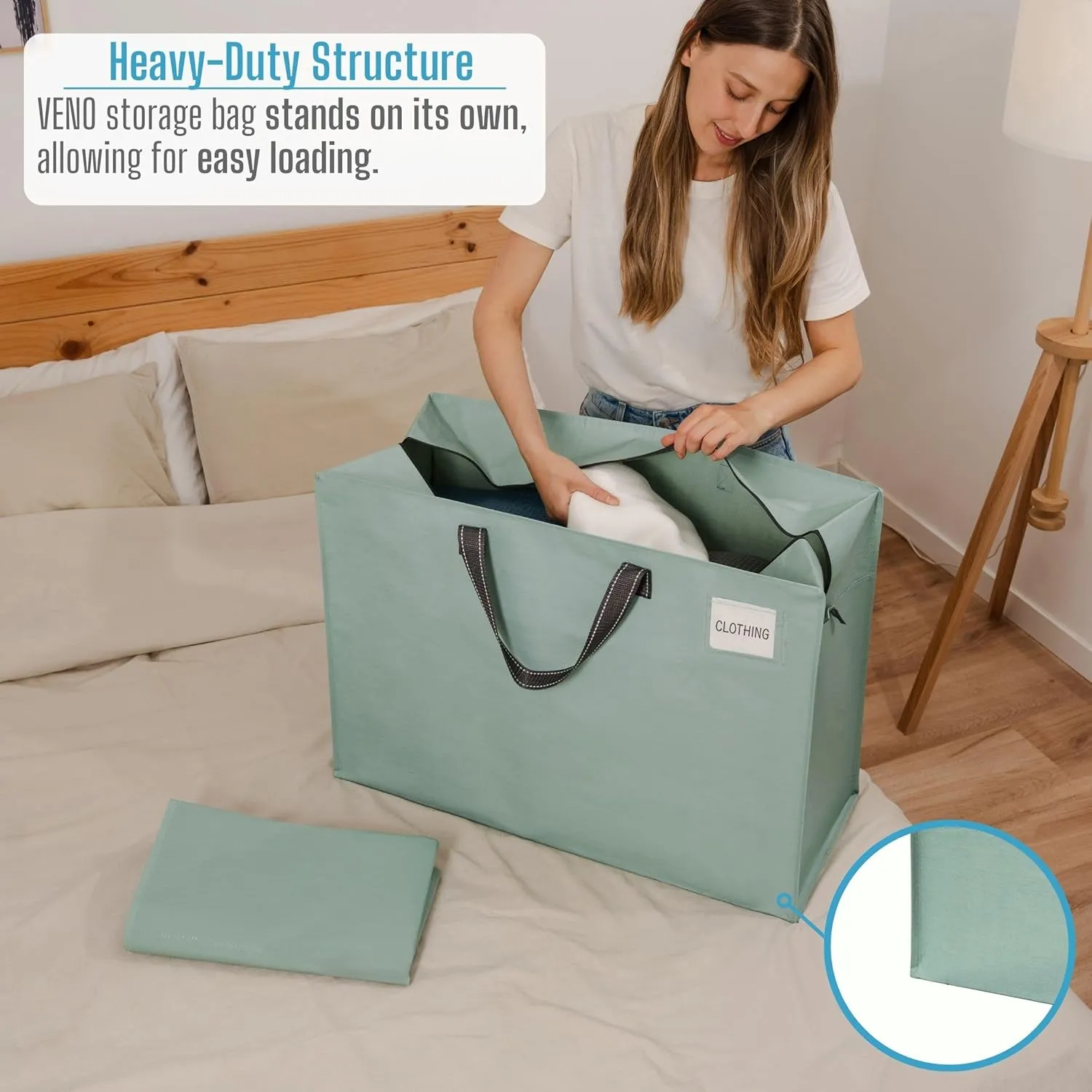 VENO 4 Pack Heavy Duty Moving Bags, Storage Bags, Packing Supplies, Top Zipper, Storage Totes for Camping, Clothes, Bedding, Comforters, Pillows (27 Gallon Light Green, 4 Pack)