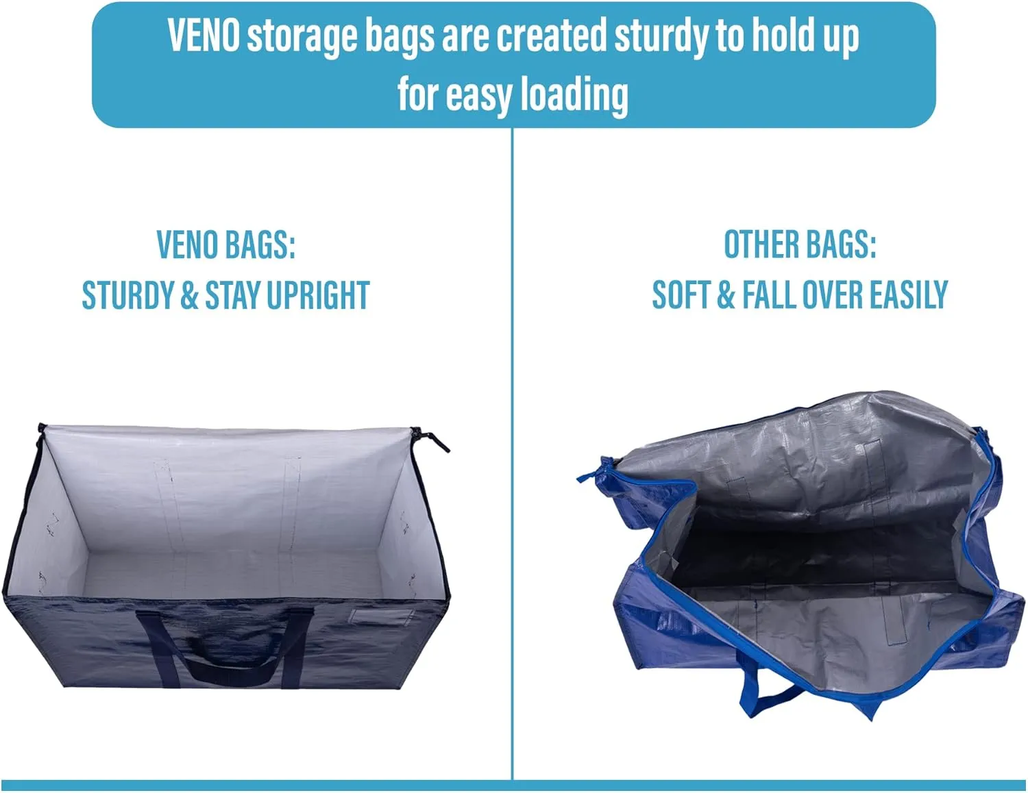 VENO 6 Pack Moving Bags, Heavy Duty, Moving Boxes Alternative, Packing Storage Supplies for Dorm Room Essentials with Zipper for Clothes, Extra Large Totes for Packaging (Blue, 6 Pack)