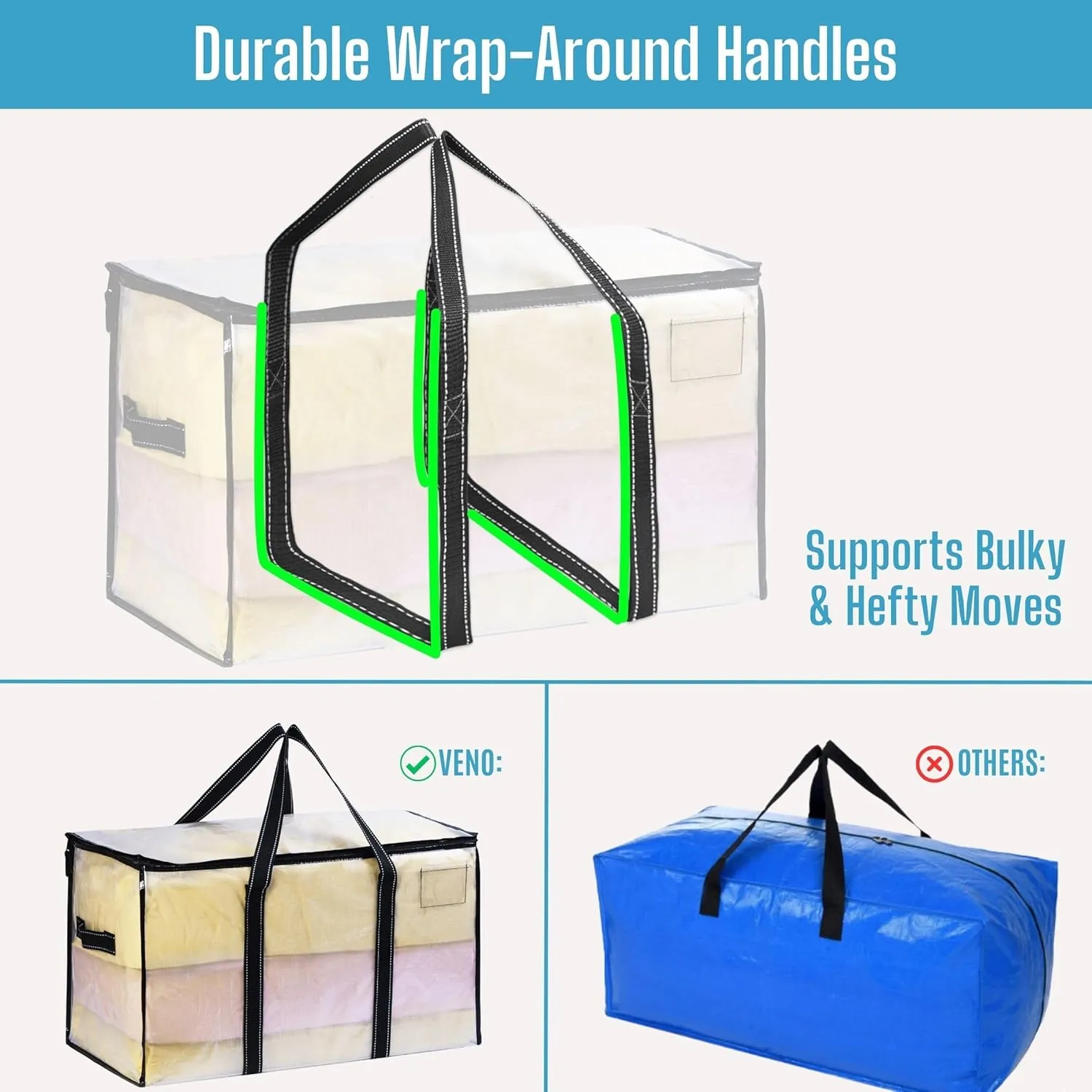 VENO 8 Pack Moving Bags, Heavy Duty, Moving Boxes Alternative, Packing Storage Supplies for Dorm Room Essentials with Zipper for Clothes, Large Totes for Packaging (Clear-8 Pack)